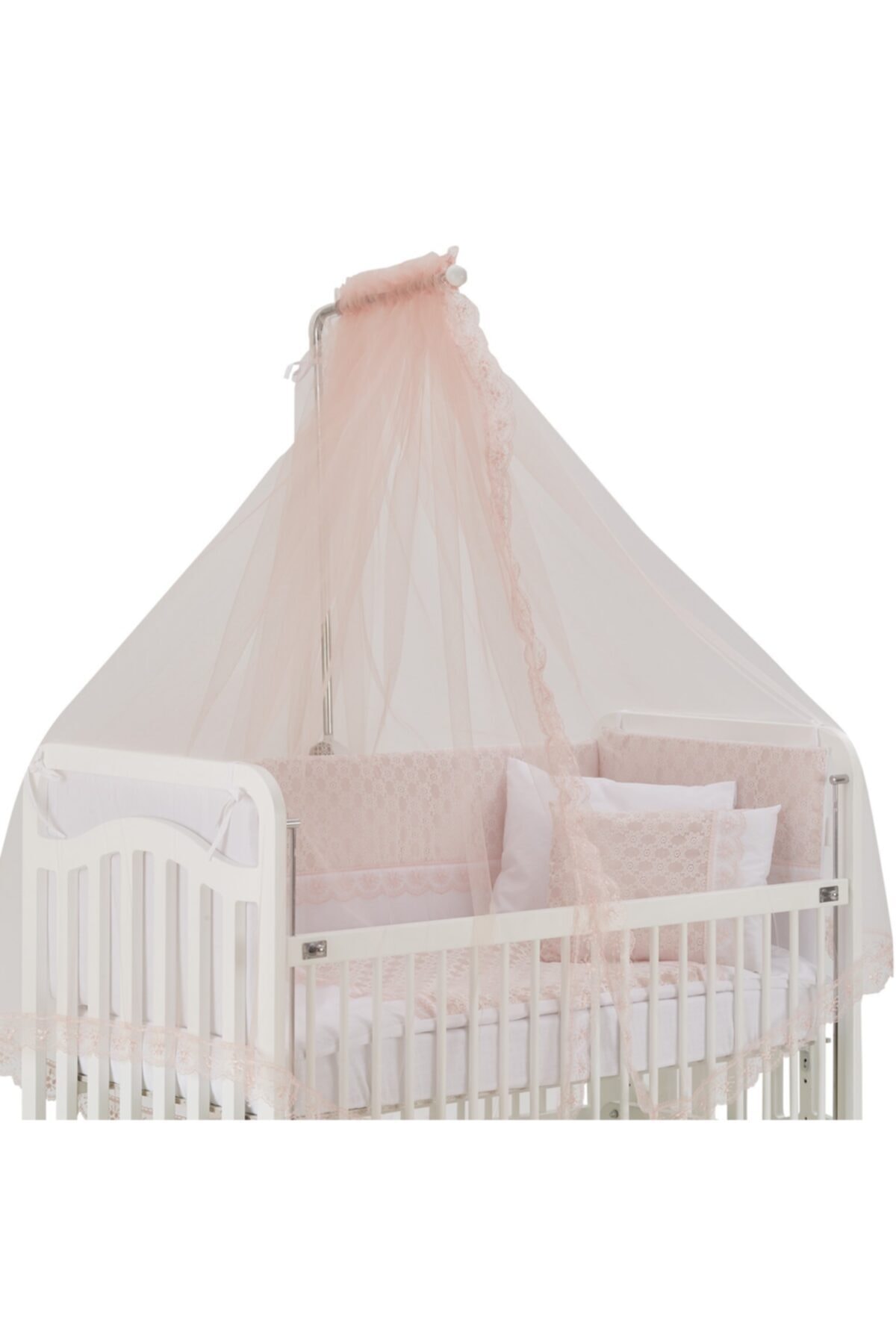 G&G baby Güpür Dantelli Beşik Cibinliği Ve Metal Cibinlik Askısı Pudra Pembe fotoğrafı 3 (önizleme)