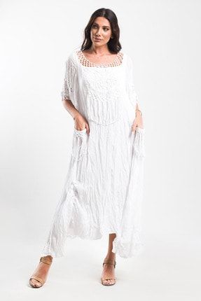 Otantik Vual Pamuk Gipür Detaylı Cepli Beyaz Maxi Elbise SK2021-1023