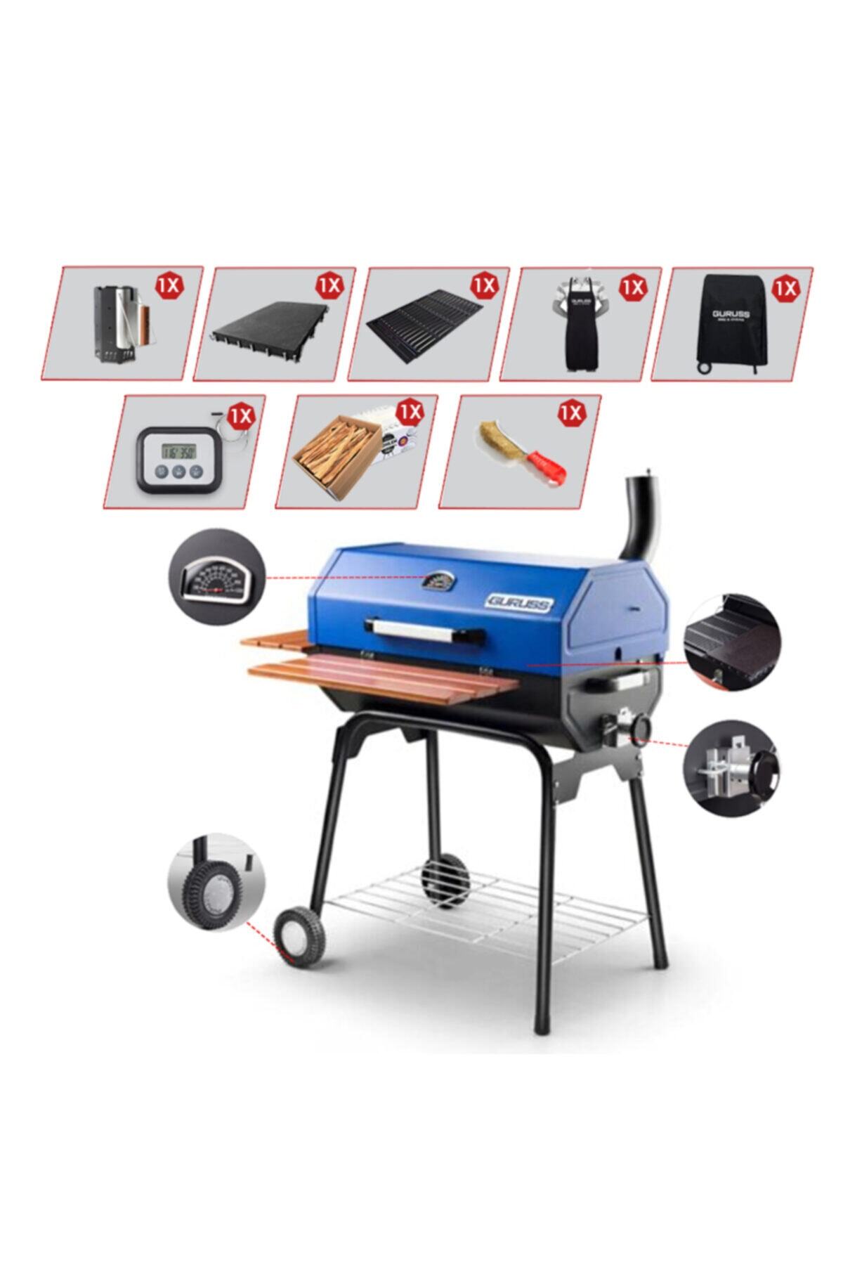 Cg-075 Kömürlü Bbq Mangal Mavi Gurme Seti -et Termometreli