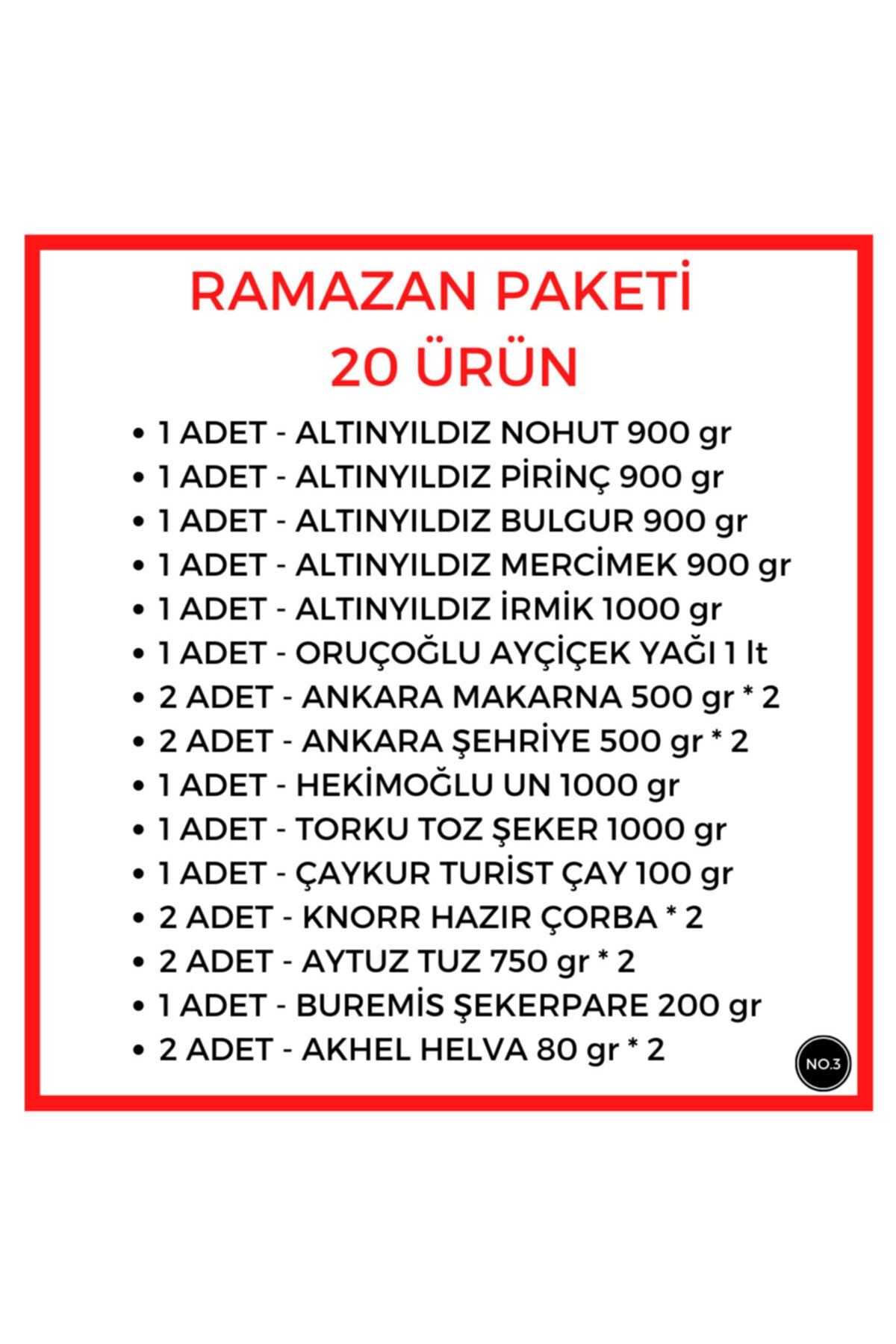 No.3 Ramazan Paketi Yardım Kolisi Ramazan Kolisi Erzak Paketi 20 Ürün