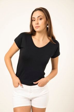Kadın Siyah V Yaka Basic T-shirt MDTRN10461