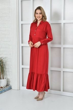 Kadın Bilek Boy Önü Düğme Detay Gömlek Yaka Rahat Elbise ST150508