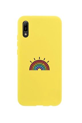 Huawei Y6 2019 Gökkuşağı Desenli Premium Silikonlu Sarı Telefon Kılıfı MCHY619LGKK