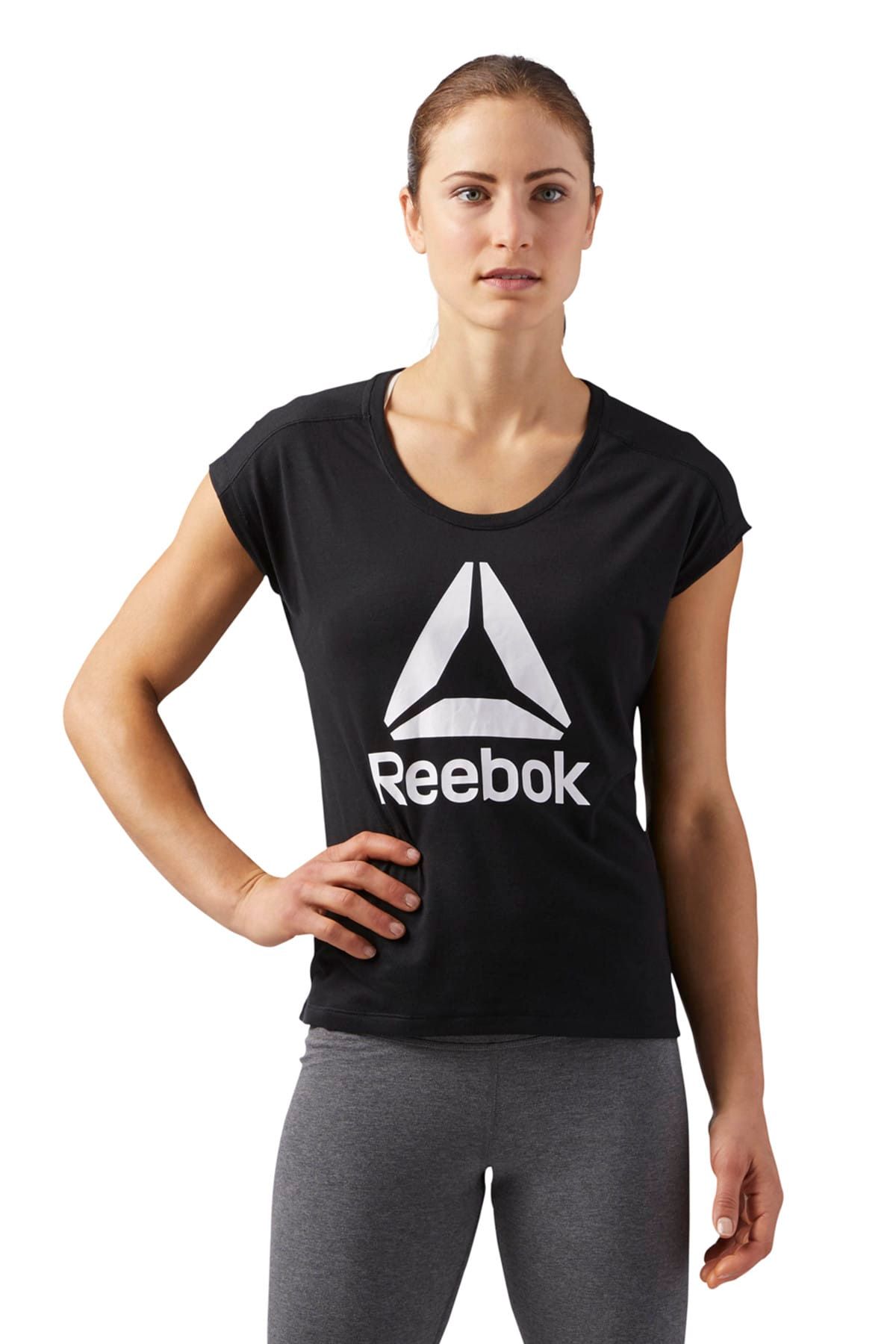 تی شرت مشکی ورزشکاری یقه گرد طرح چاپی آستین کوتاه زنانه ریباک Reebok (برند انگلستان)