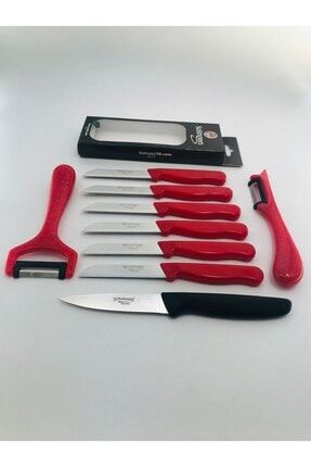 Kırmızı Simli 6 Adet Bıçak, 1 Tırtıksız Doğrama Bıçağı, 1 Yansoy 1 Sapan Soyacak Seti SolingenTrCom0092
