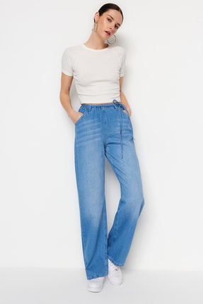 TRENDYOLMİLLA Mavi Belden Bağlama Detaylı Yüksek Bel Loose Jeans TWOSS23JE00133