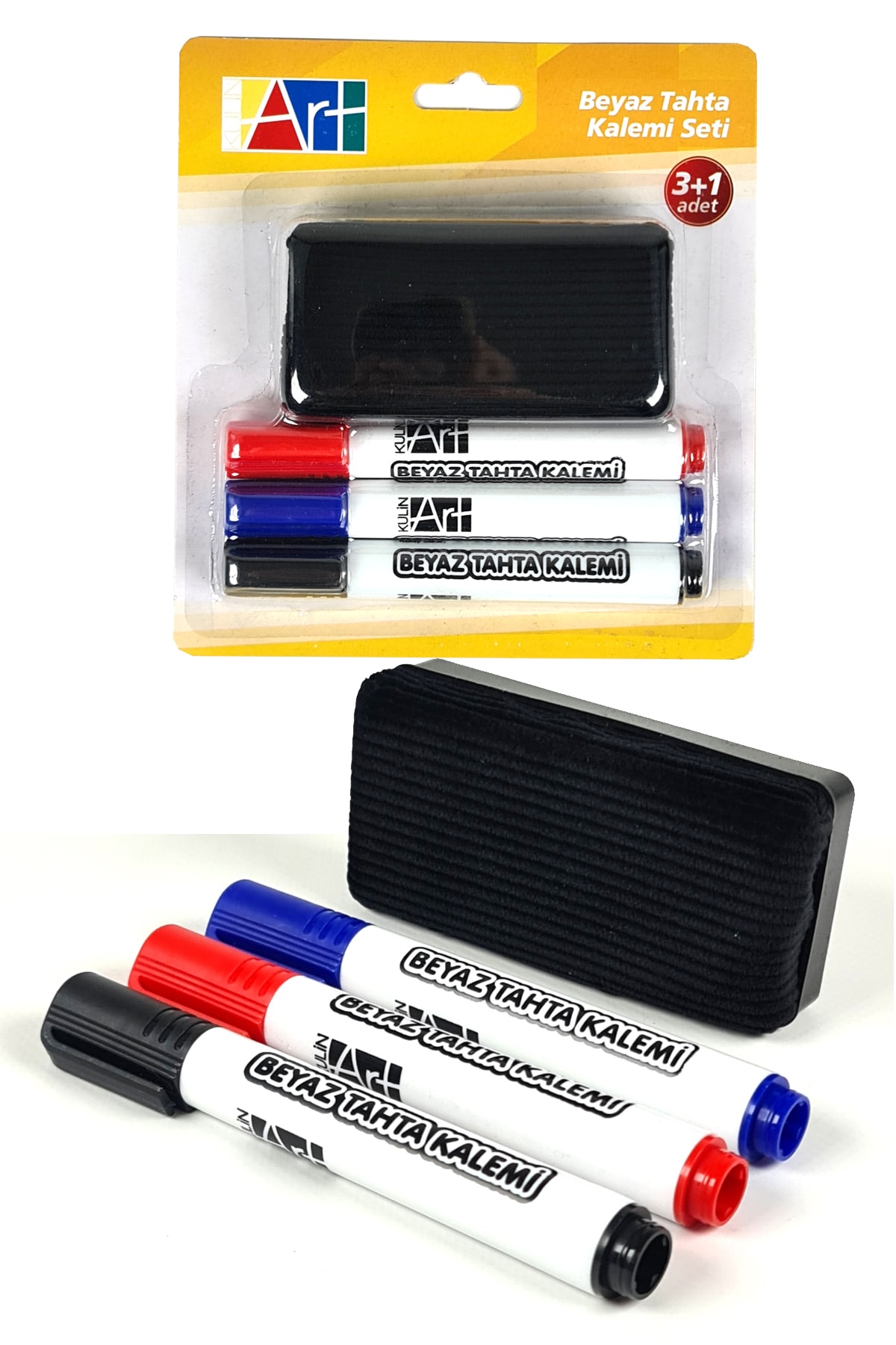 Binbirreyon 3 Adet Renkli Beyaz Tahta Kalemi Ve Silgi Seti Kırmızı-siyah-mavi Vd043