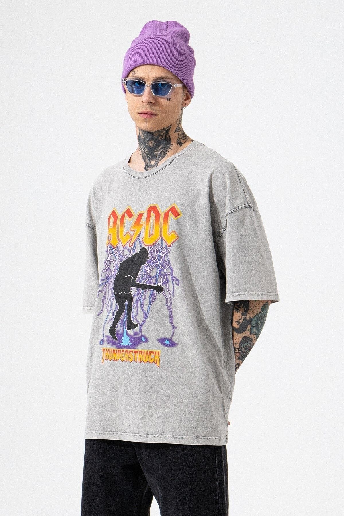 Machinist Oversize Ac/dc Baskılı Yıkamalı Pamuklu T-shirt Ekru PG8484
