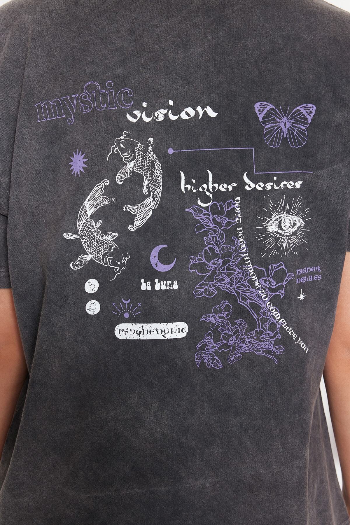 Trendyolmilla  Antrasit %100 Kalın Pamuklu Soluk Efektli Sırt Baskılı Boyfriend Örme T-Shirt TWOSS23TS00109 - Görsel 12