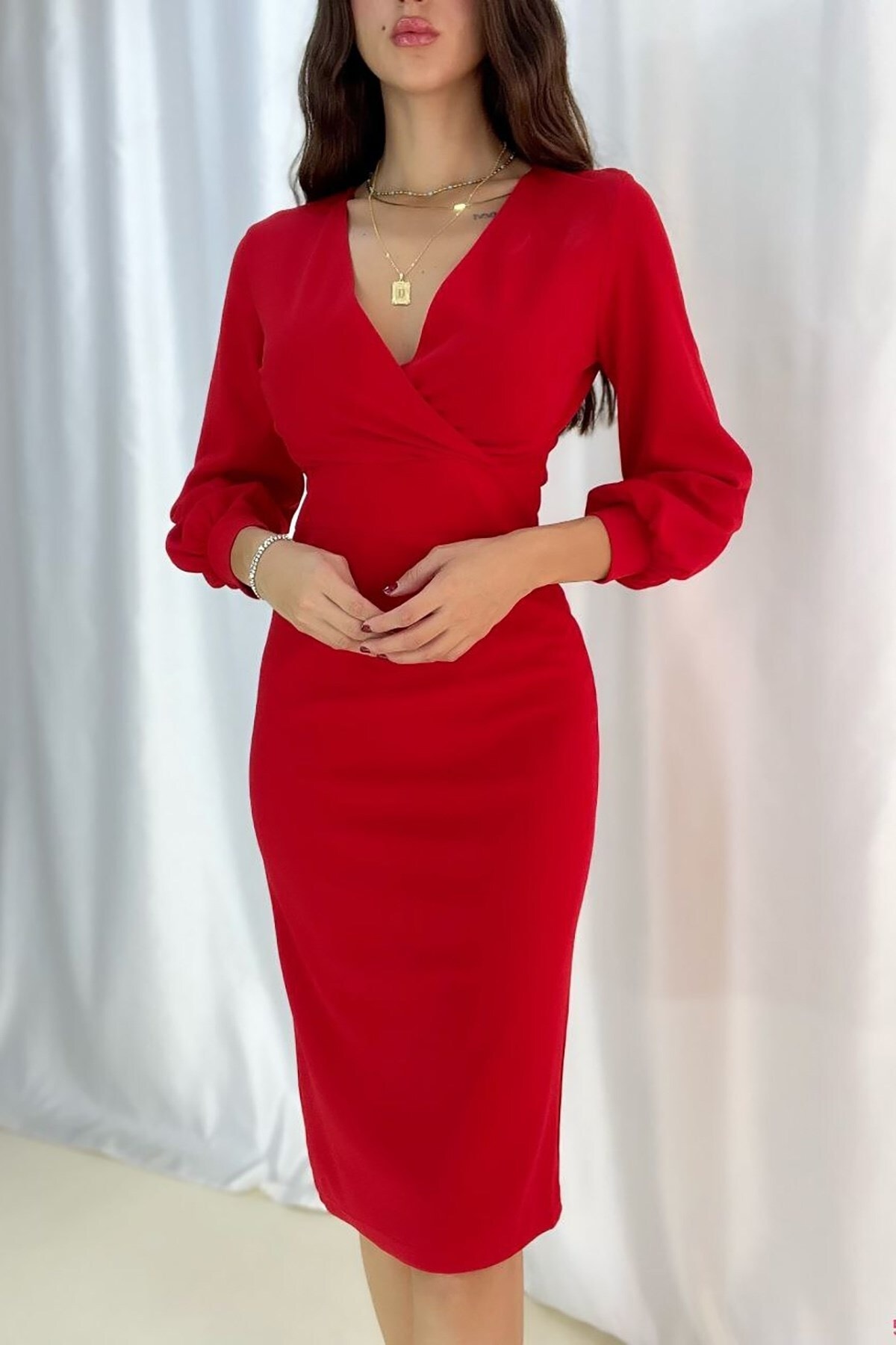 Deafox Kırmızı Krep Kumaş Uzun Kollu Kruvaze Yaka Elbise