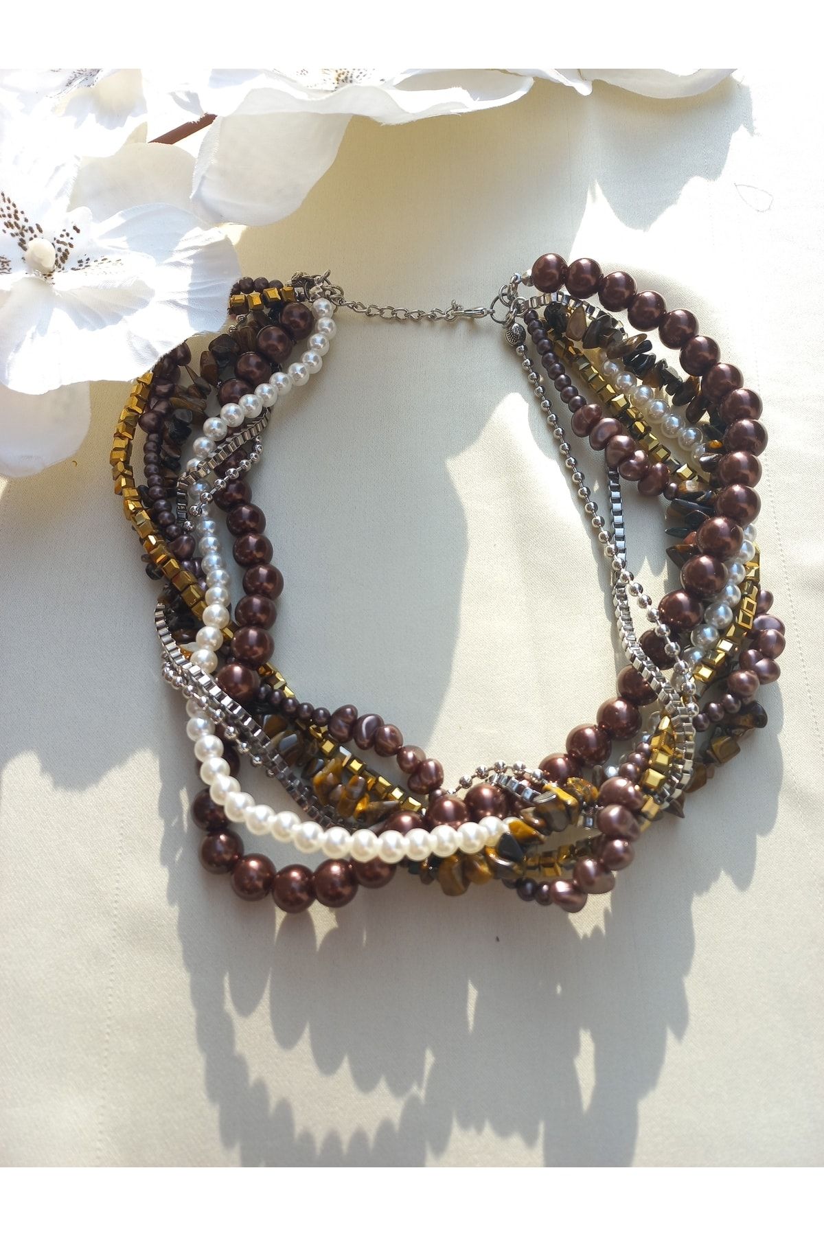 PAR AKSESUAR Brown Colored Pearl Cube Crystal Multiple Design