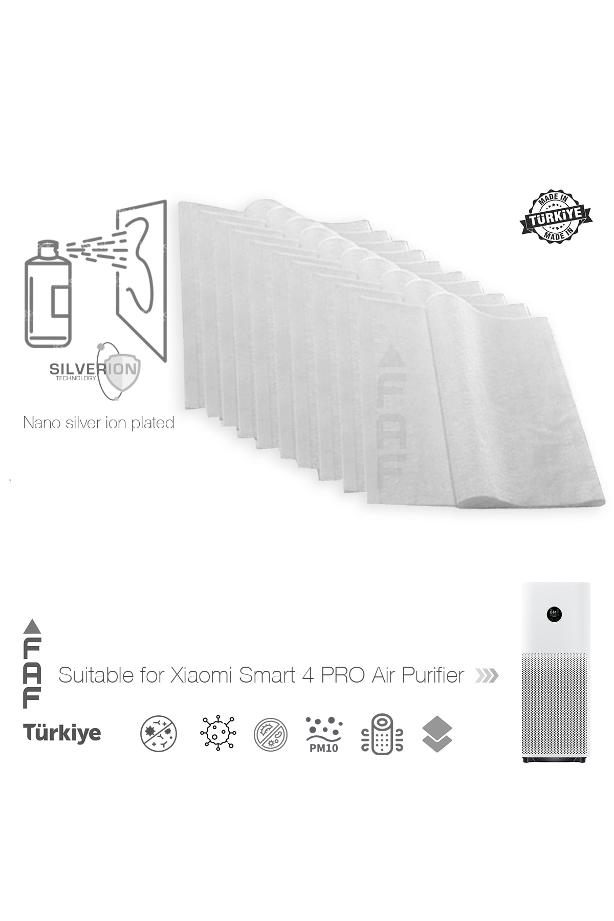 FAF FİLTRE 10 Adet Xiaomi Smart Air Purifier 4 Pro Uyumlu Gümüş Iyonlu Elektrostatik Toz Tutucu Ön Filtre