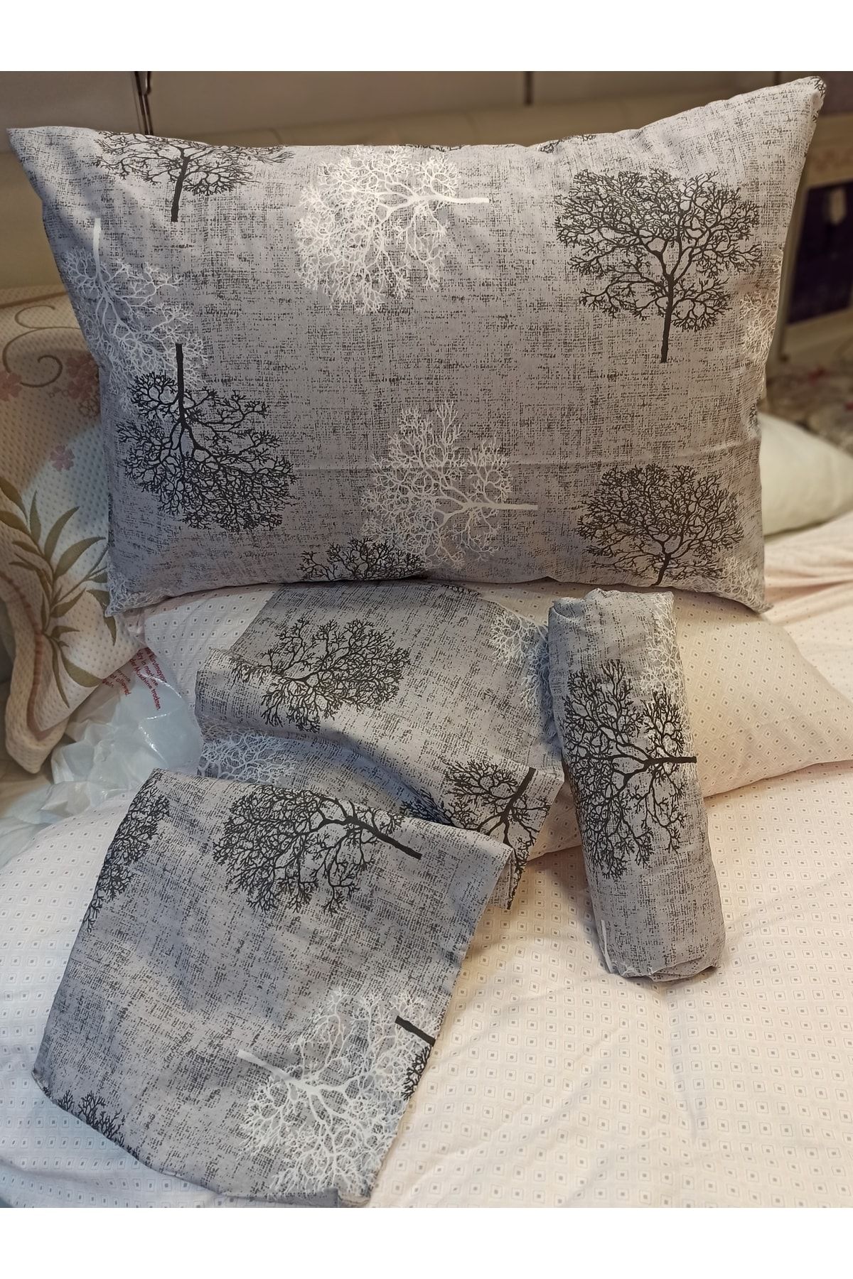 ŞENER HOME-Tree of Life Patterned Cotton Single Sheet Set - Elastic, 100x200 cm, Corner Depth 1