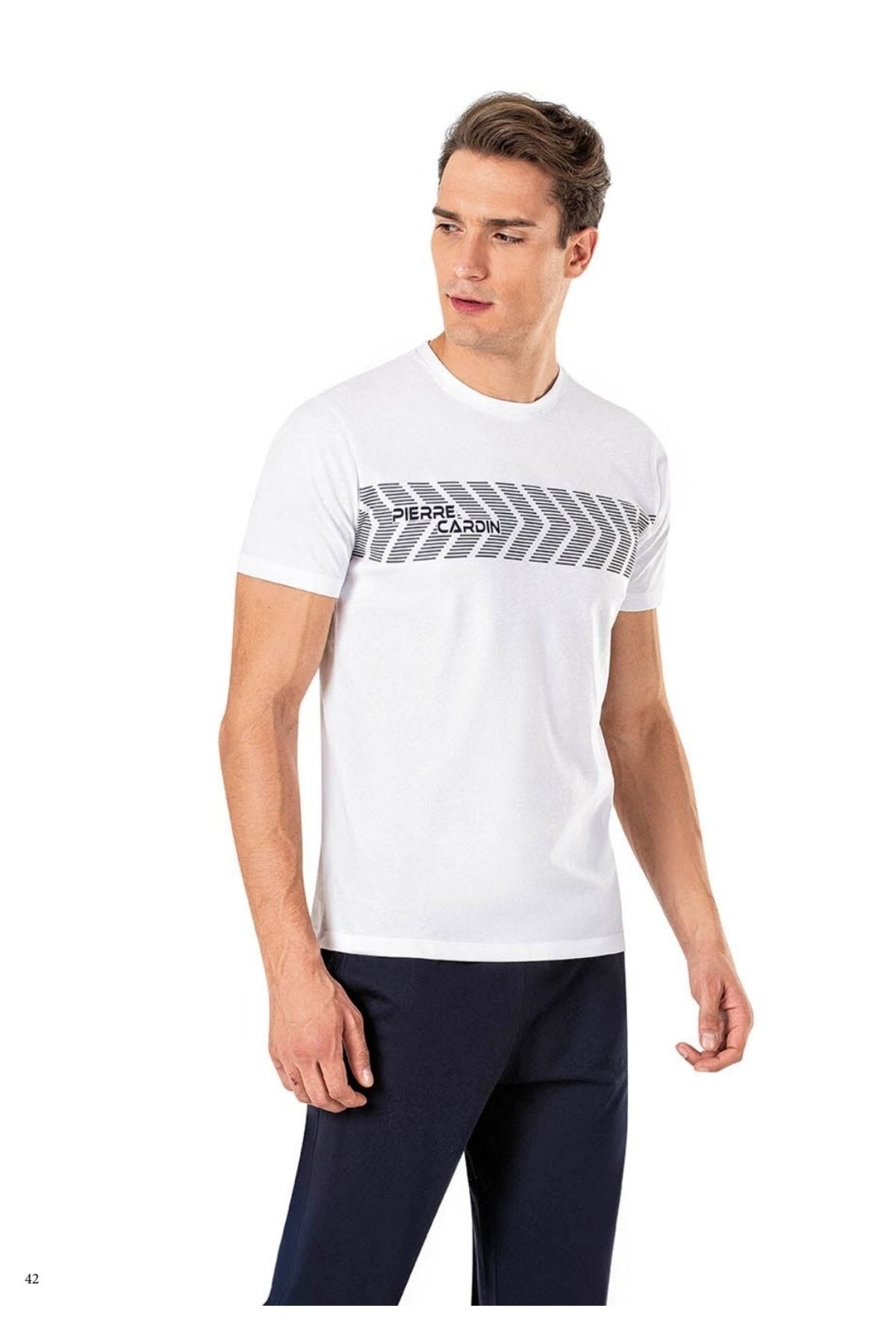 ست پیژامه سفید مردانه لباس خواب نخی آستین کوتاه 6012 Pierre Cardin