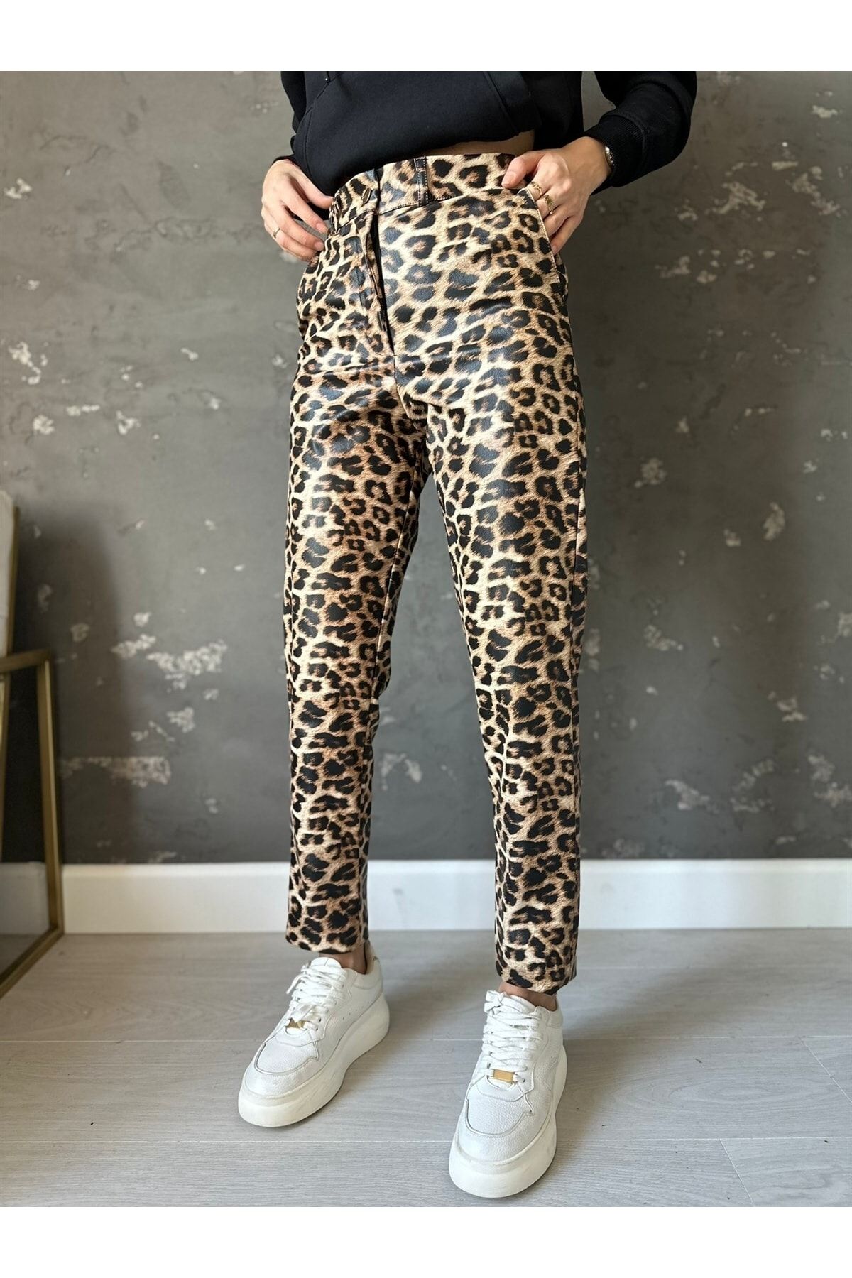 Bade Butik Leopar Desen Deri Pantolon IR6669