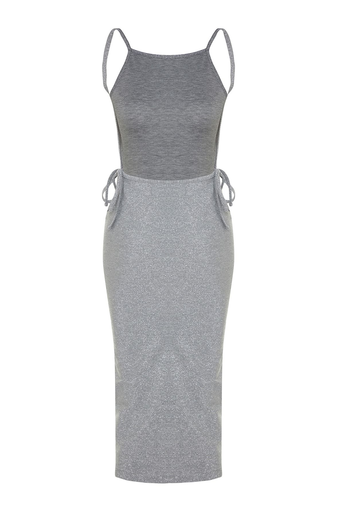 Trendyol Collection-Gray Fitted Knitted Shiny Piping Elegant Evening Dress TPRSS23EL00380 8