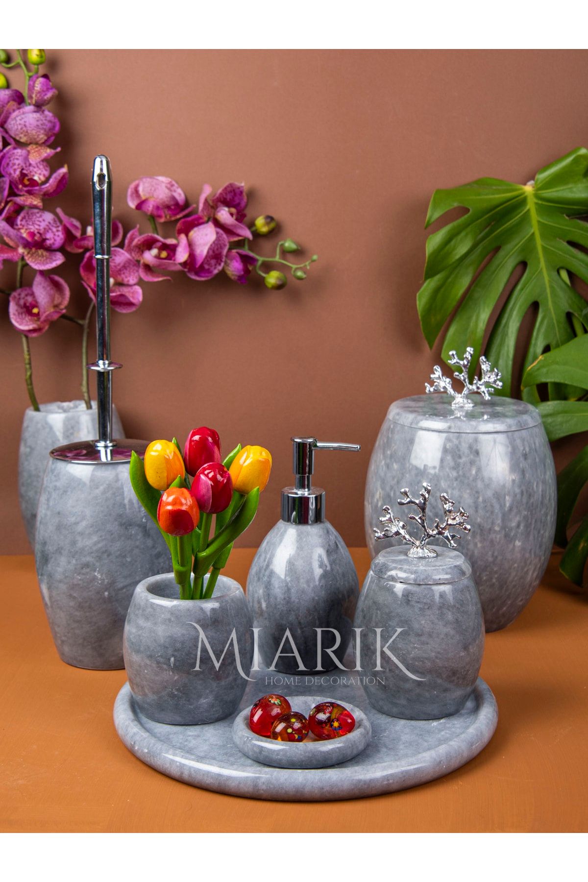 MIARIK DESIGN & DEKORASYON Dekoratif Gri Mermer Banyo Seti Takımı 7 Li Gümüş Mercan Detaylı Tasarım Set