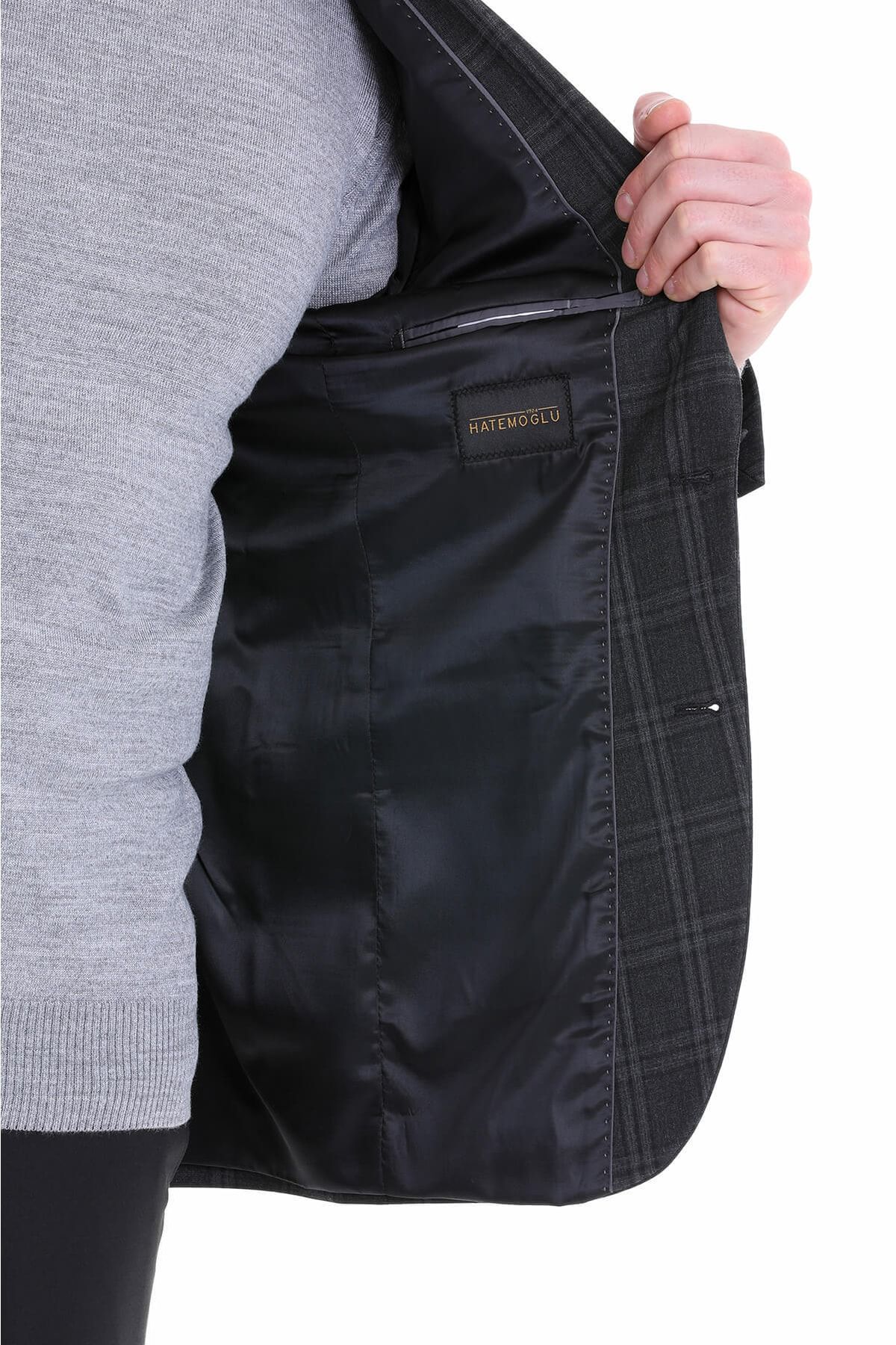 Hatemoğlu Antrasit Slim Fit Kareli Mono Yaka Takım Elbise MB8840