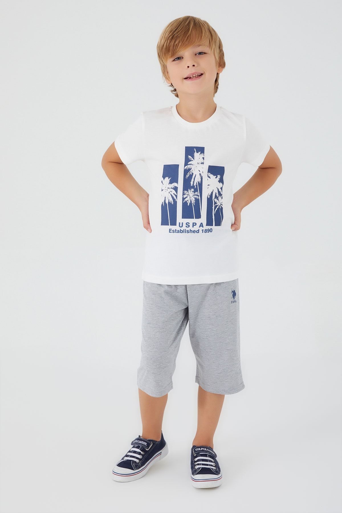 کت و شلوار کاپری پسرانه کرم طرح نخل U.S. Polo Assn.