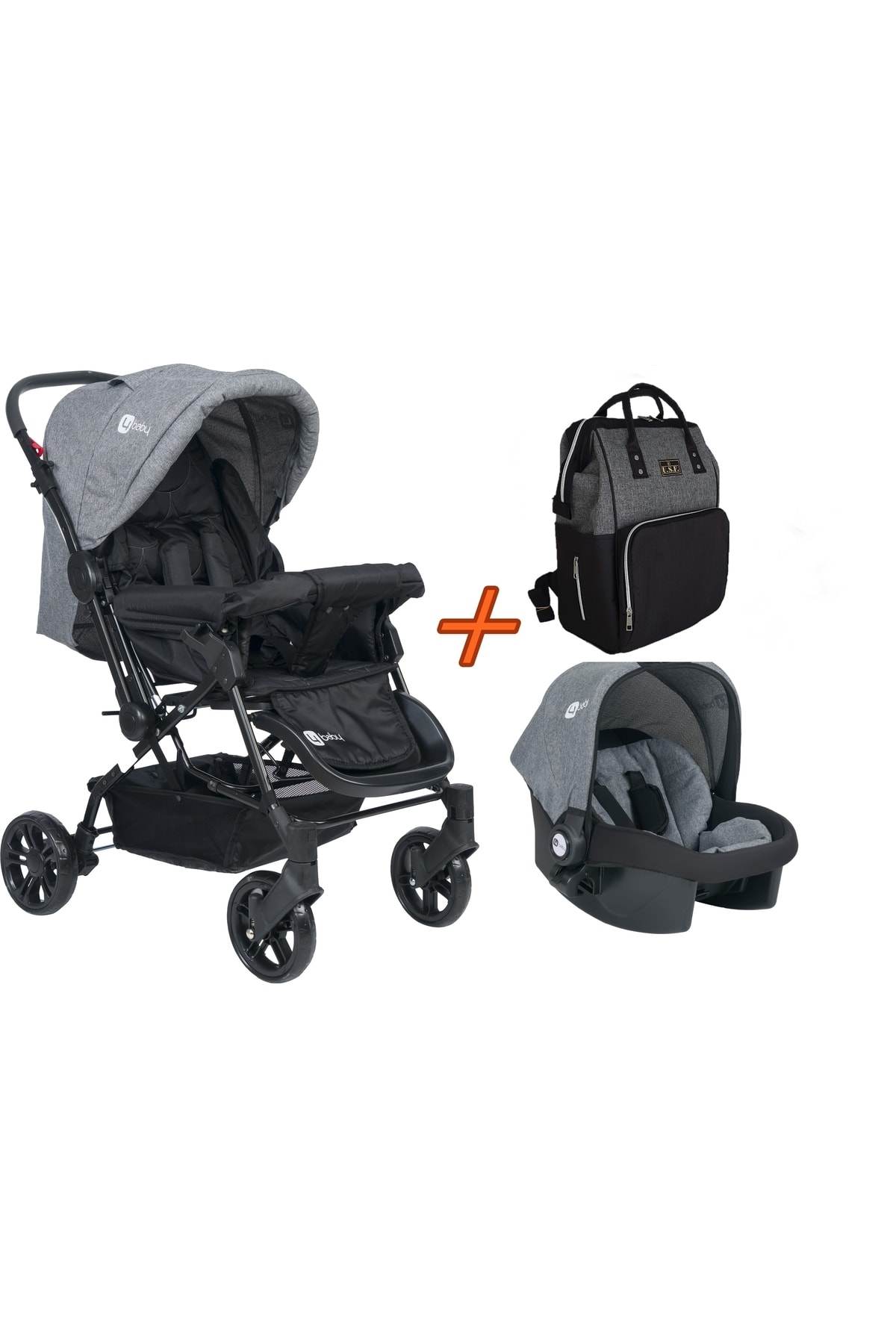 USF Travel Sistem Çift Yönlü Bebek Arabası 4 Baby - Bebek Arabası Gri+Puset+Gs Çanta