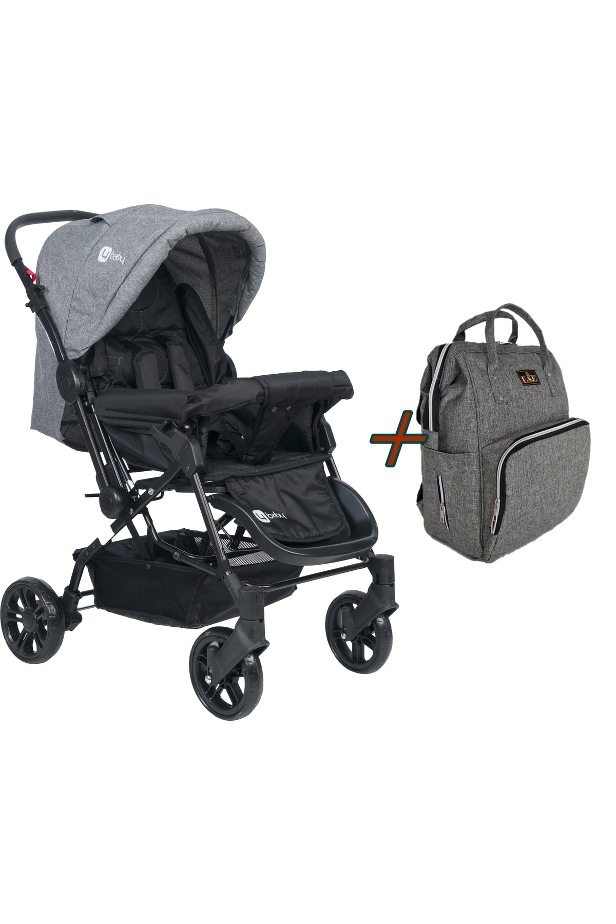 USF Gri Çift Yönlü Bebek Arabası + Bebek Bakım Çantası