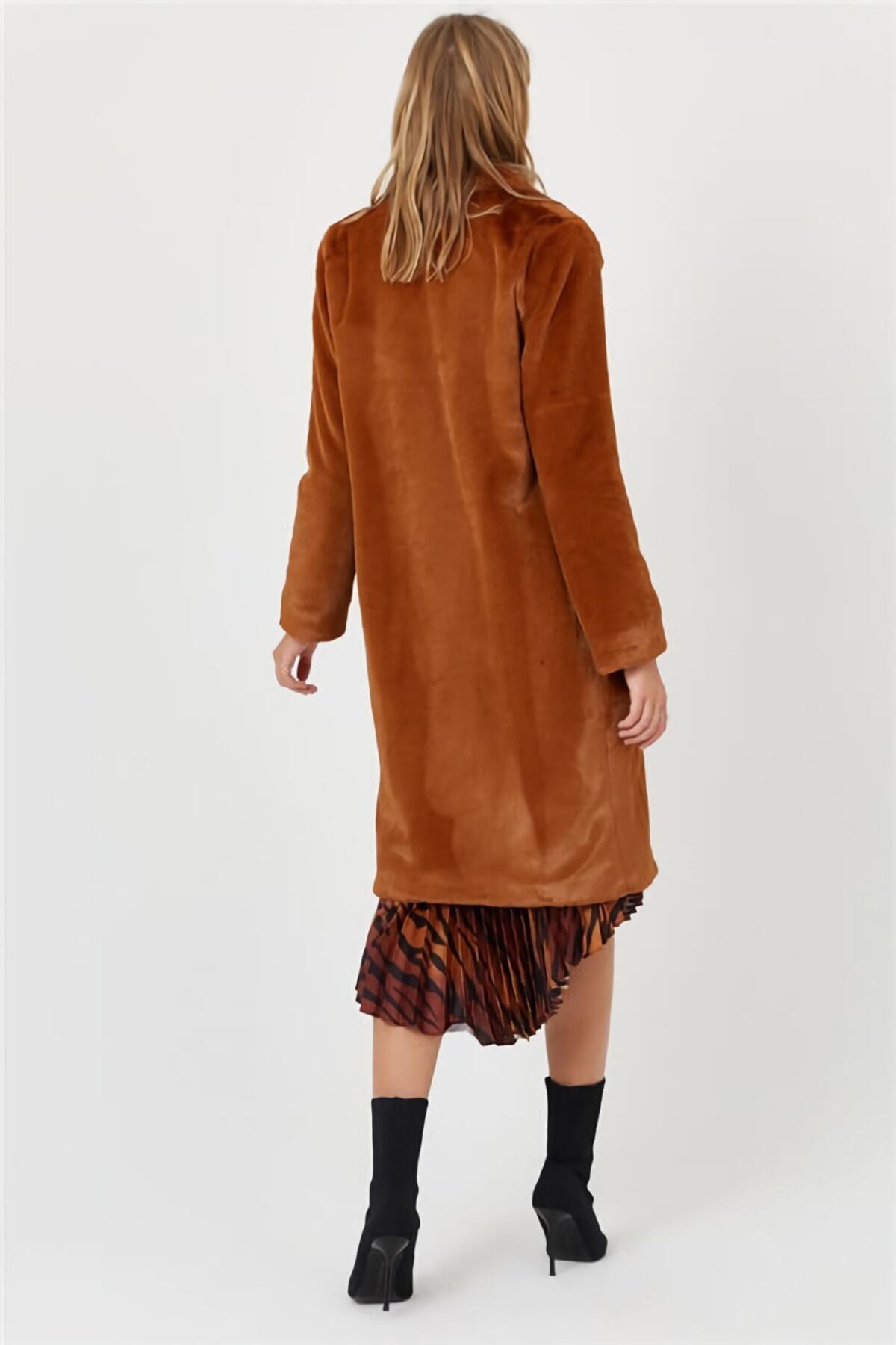 NARKISS  Kadın Taba Rengi Suni Kürk Palto - Görsel 3