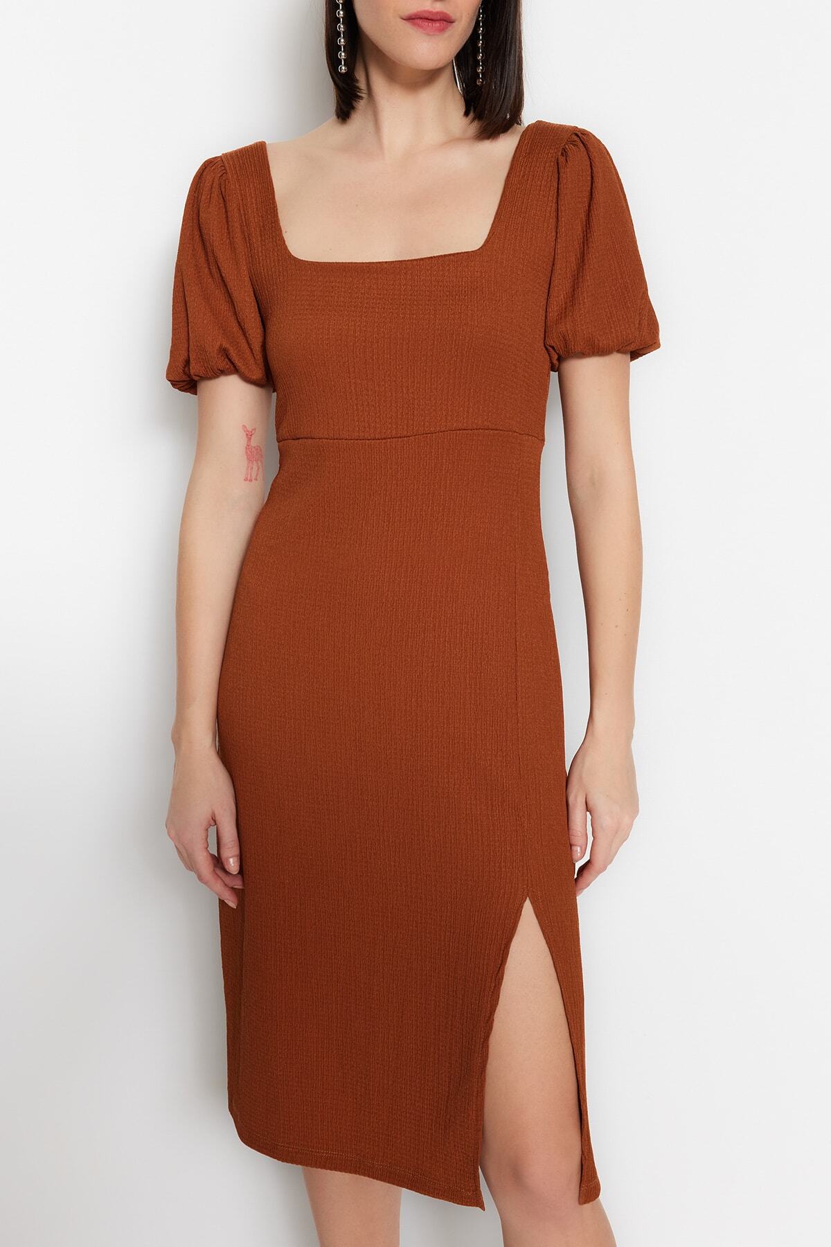 Trendyol Collection-Миди плетена рокля с квадратна яка с канелена форма и цепка с A-линия TWOSS23EL01533 6
