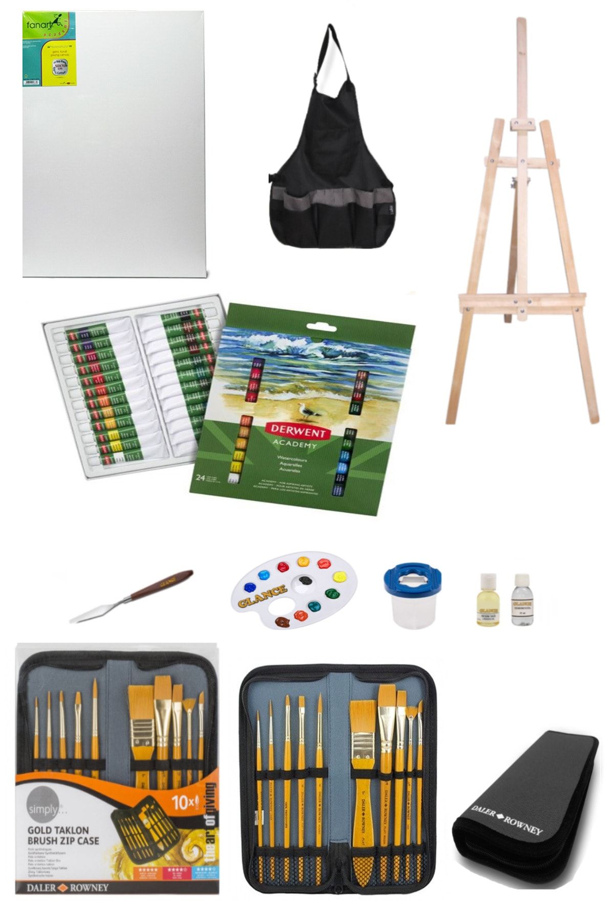 GLANCE Derwent Academy Watercolor Tüp Boya 24 Renk X 12 ml 10`lu Çantalı Fırça Profesyonel Şövale Seti