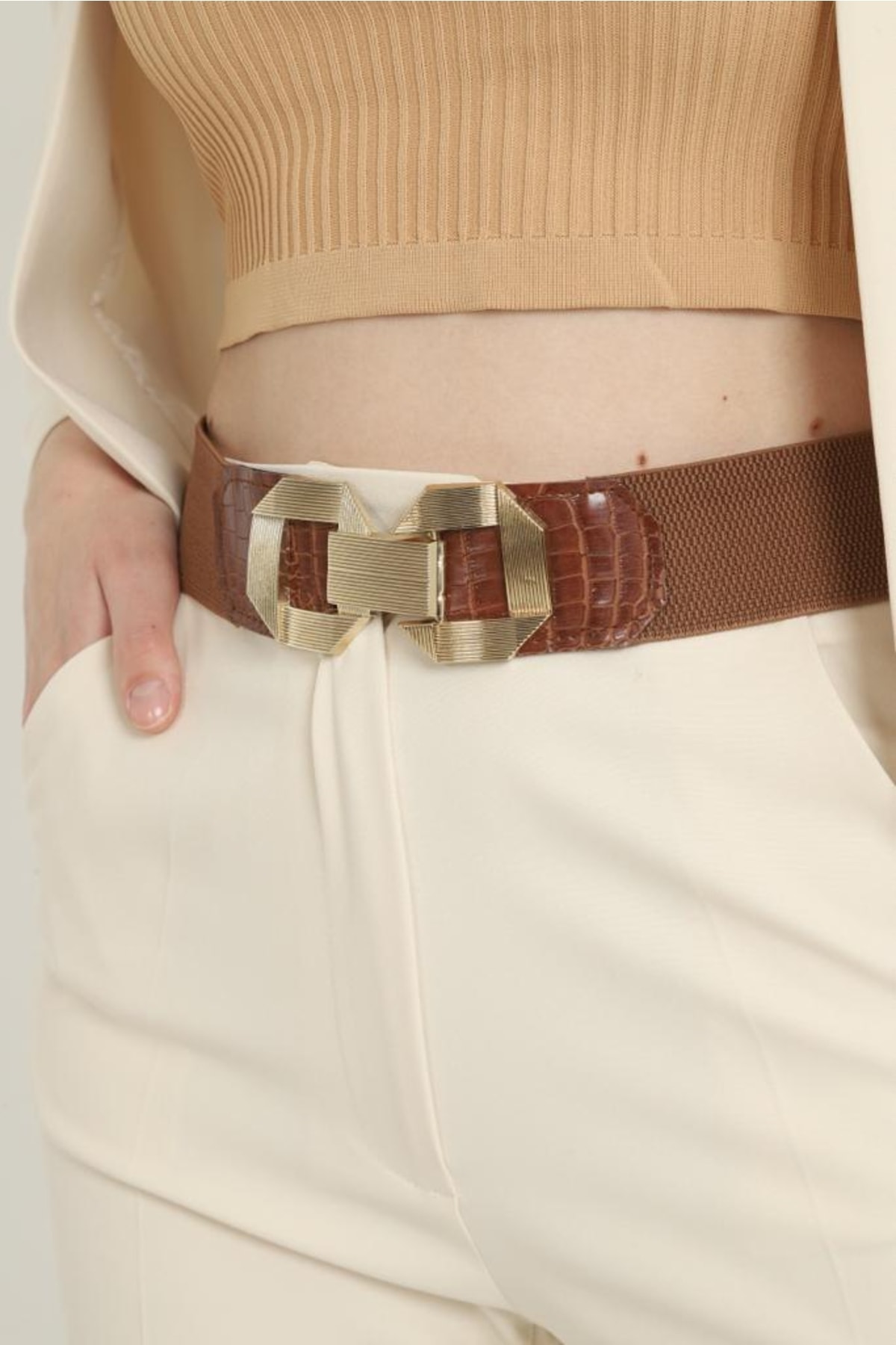Elasticated Belt with Metal Gold Buckle