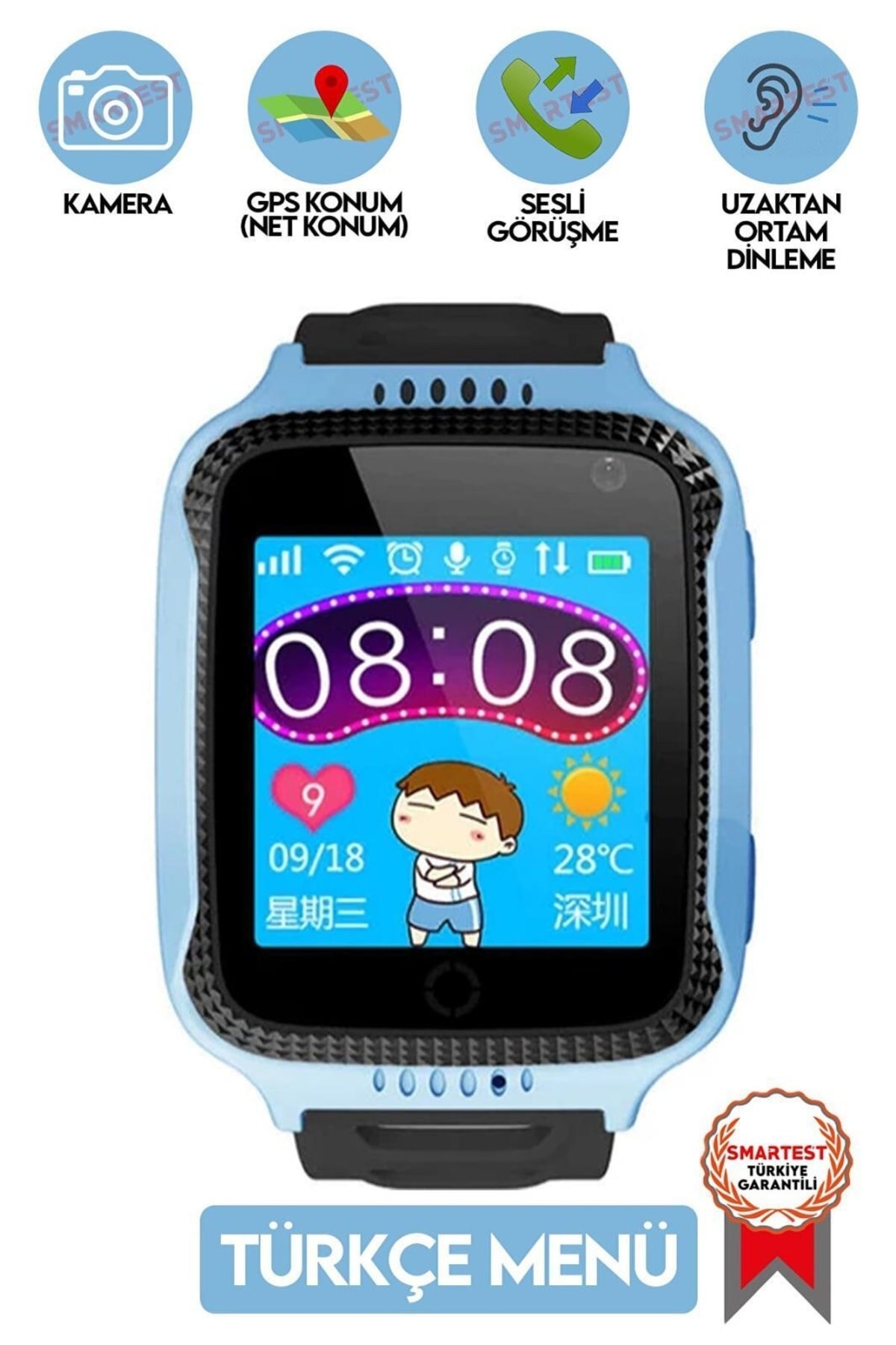 SMARTEST Konum Takip Gps Özellikli Kameralı Ortam Dinleme Sim Kart Girişli Sos Akıllı Çocuk Saati Q539 Mavi