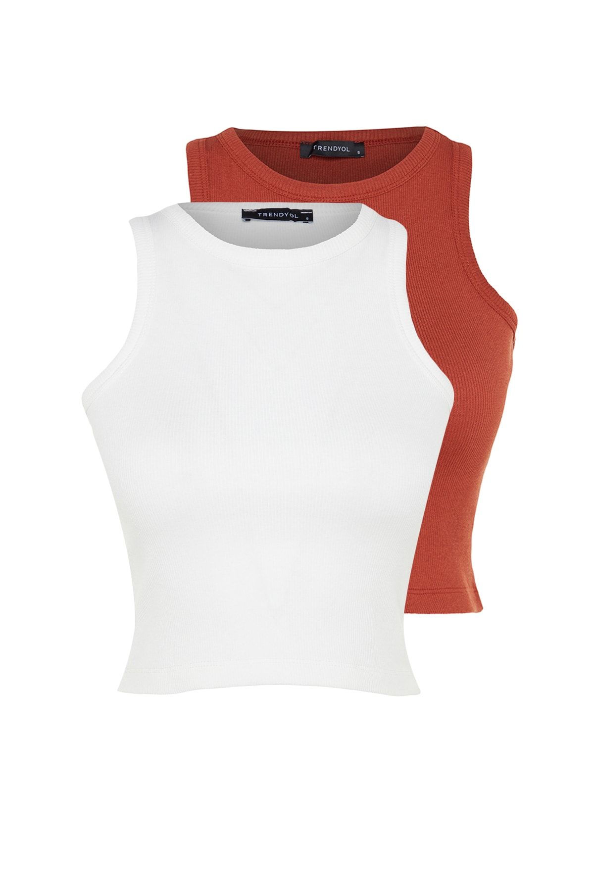 Trendyol Collection-Zimt-Ecru 2er-Pack tailliertes/tailliertes Crop-Tanktop mit Neckholder-Kragen, geripptem flexiblem Strick TWOSS21AL0058 7