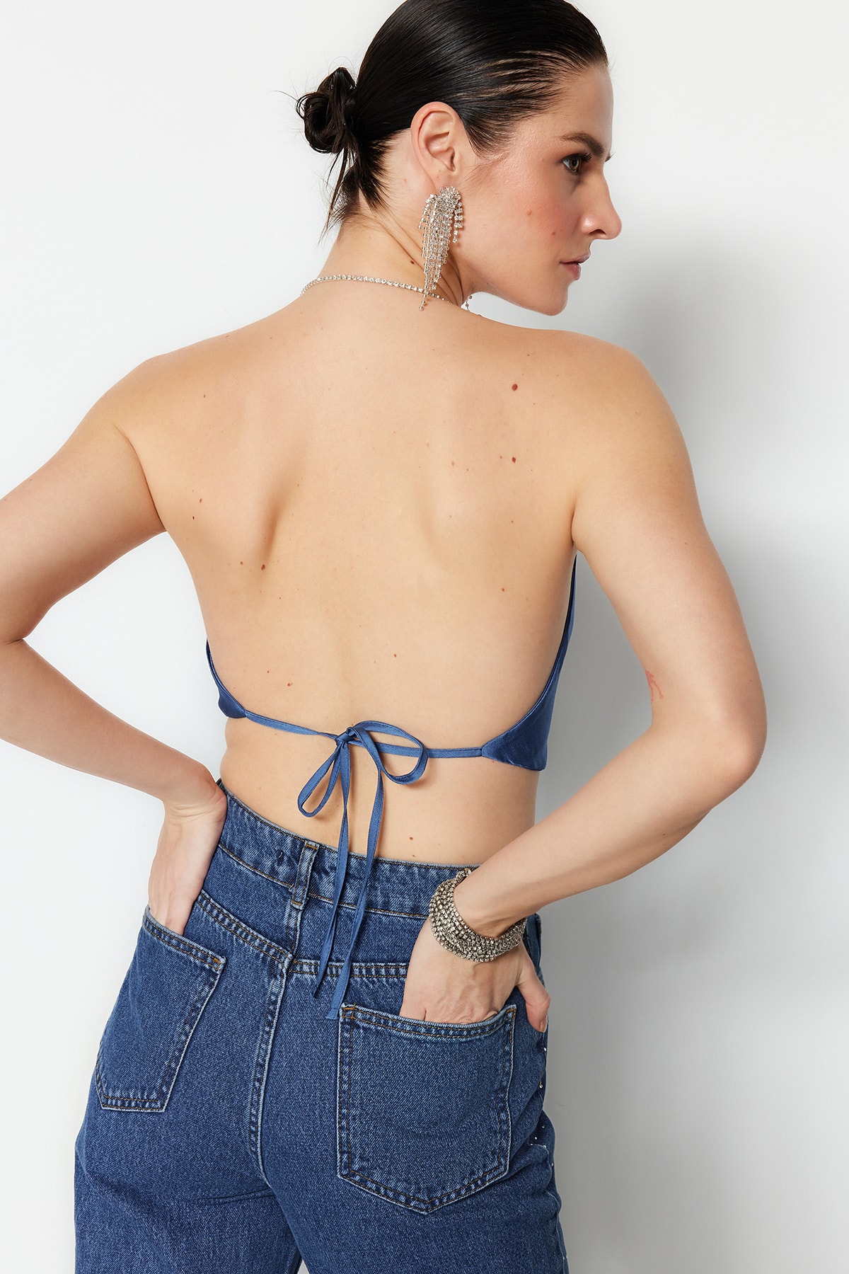 Trendyol Collection-Indigó kőszíj, részletes szatén mellszobor TPRSS22BS0020 6