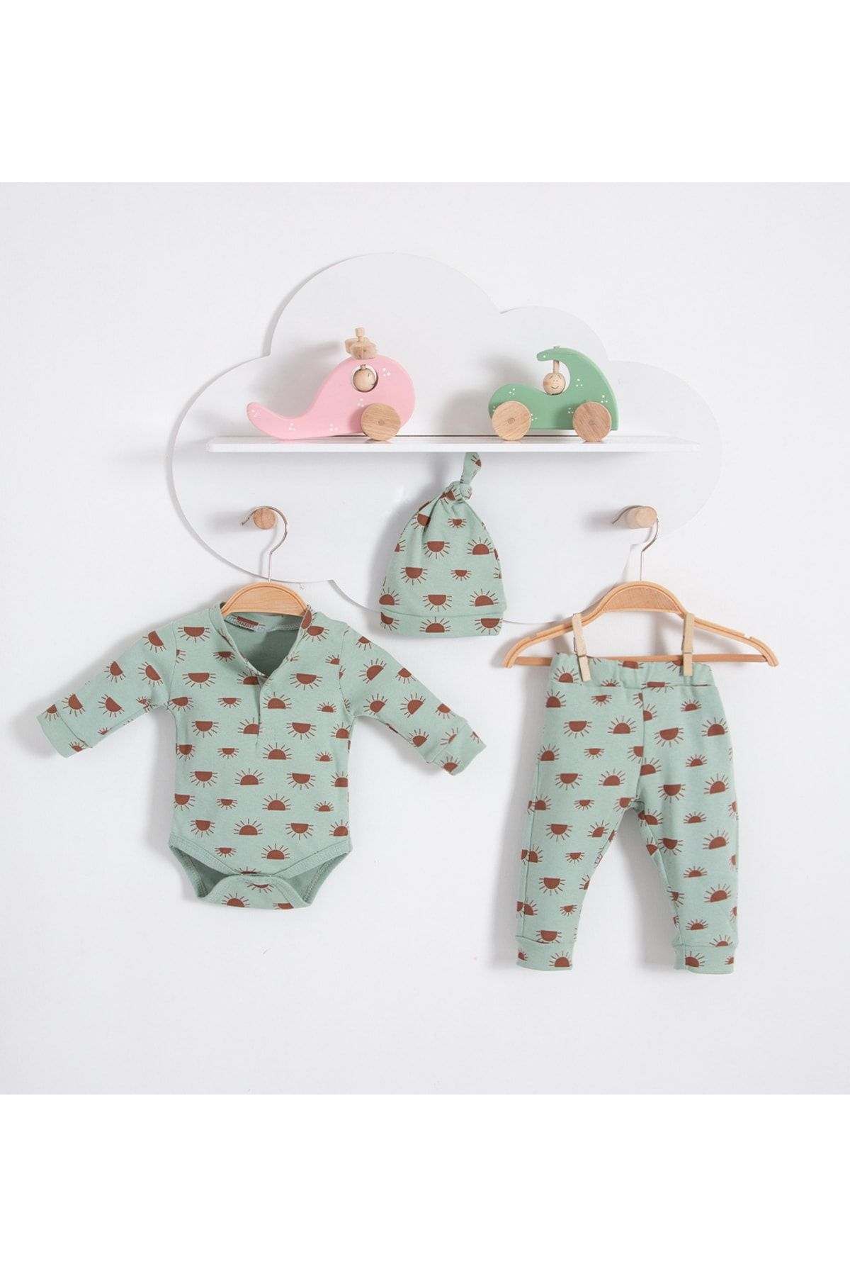 Bubito Güneş Detaylı Şapkalı Bebek 3'lü Badi Seti-yeşil