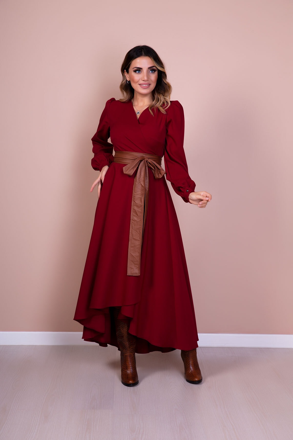 20198 Claret Red Asymmetrical Chiffon Dress