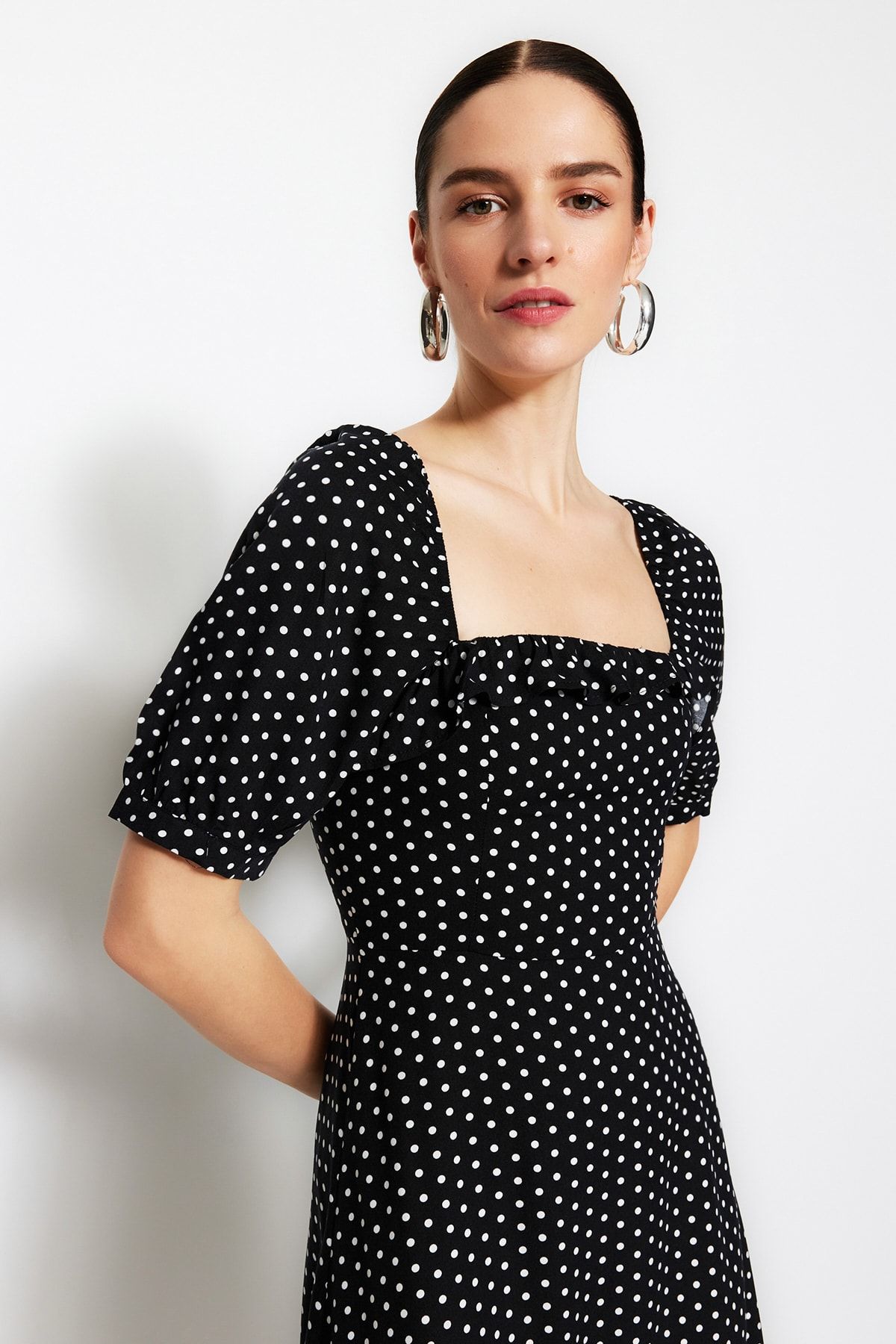 Trendyol Collection-Rochie neagră țesută cu buline, țesută midi, cu linie A, TWOSS21EL0511 5