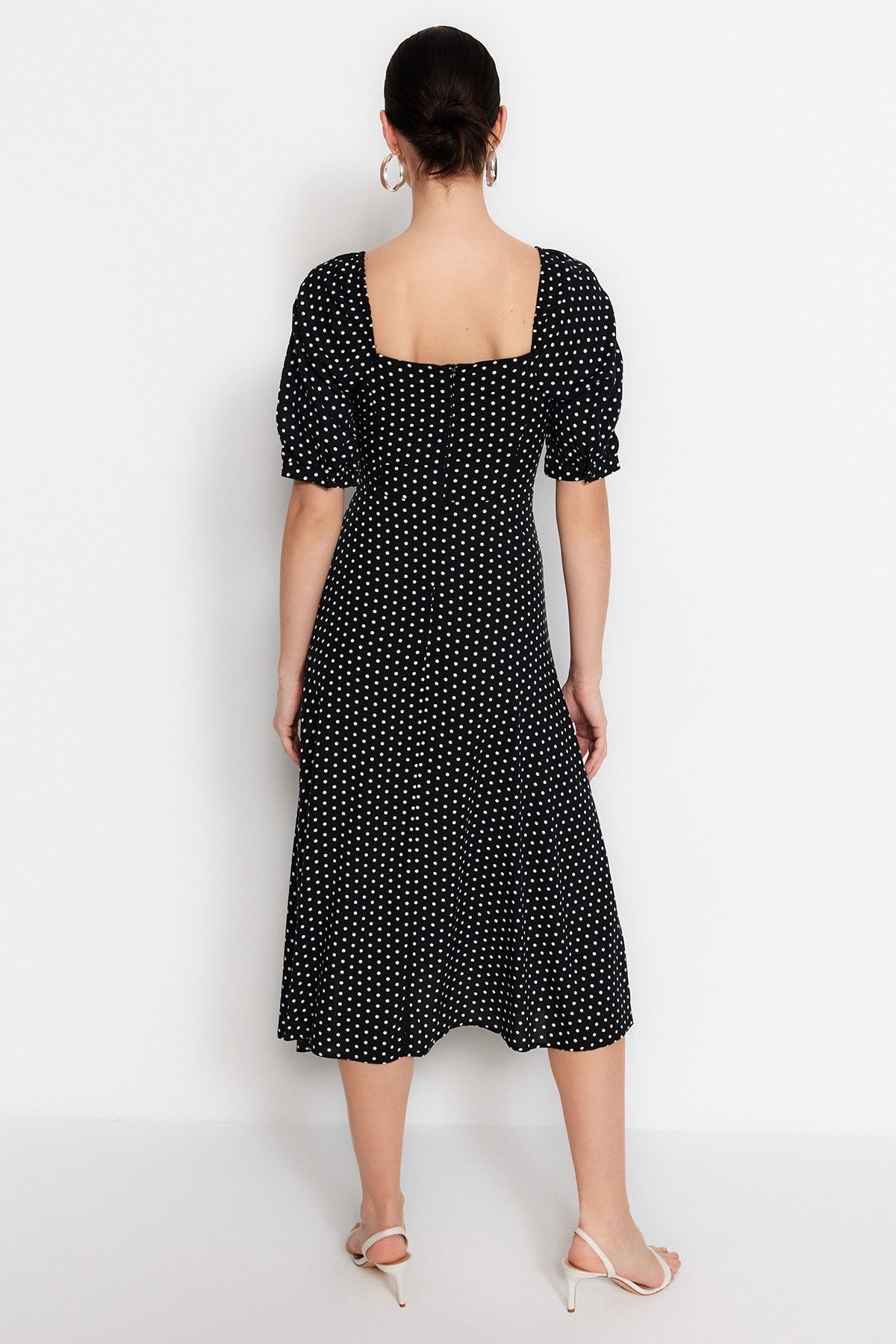 Trendyol Collection-Rochie neagră țesută cu buline, țesută midi, cu linie A, TWOSS21EL0511 7