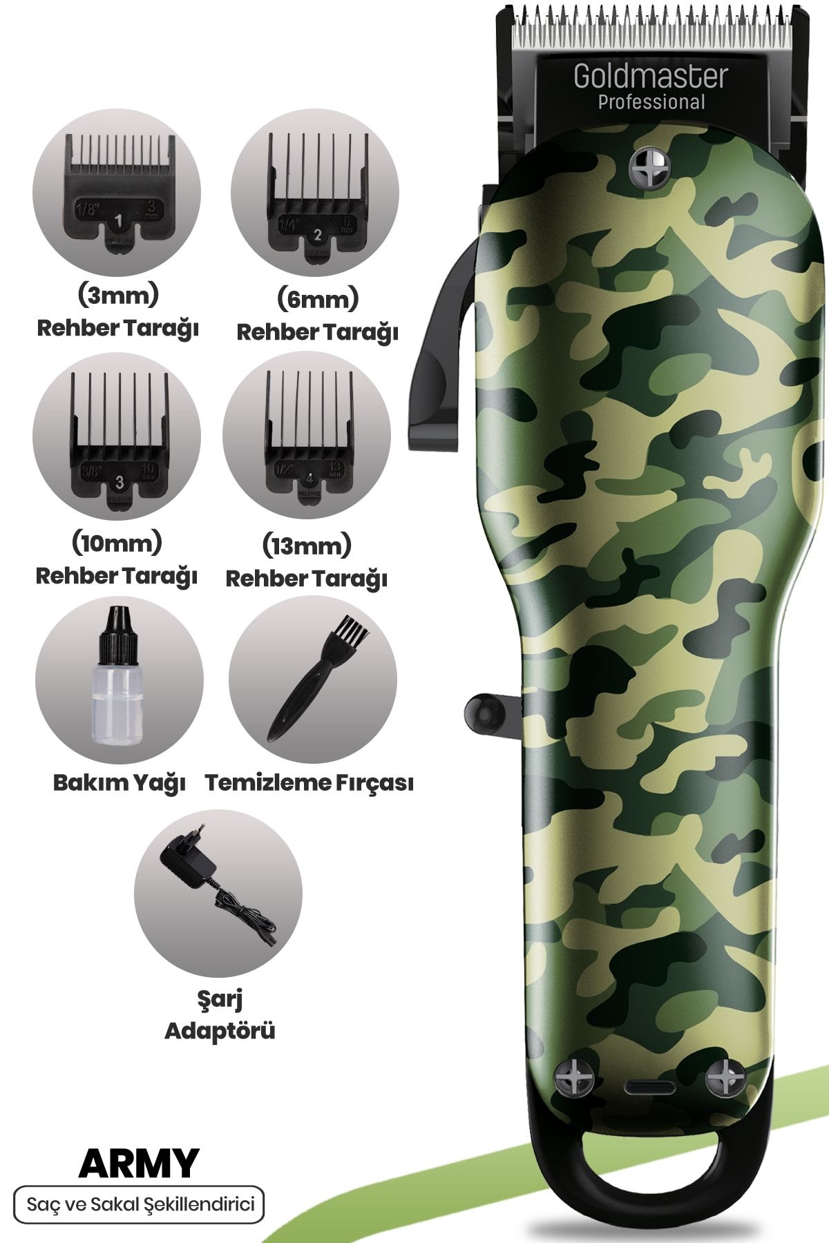 GOLDMASTER Army Özel Tasarım Hız Ayarlı Ayarlanabilir Profesyonel Saç Ve Sakal Şekillendirme Tıraş Makinesi