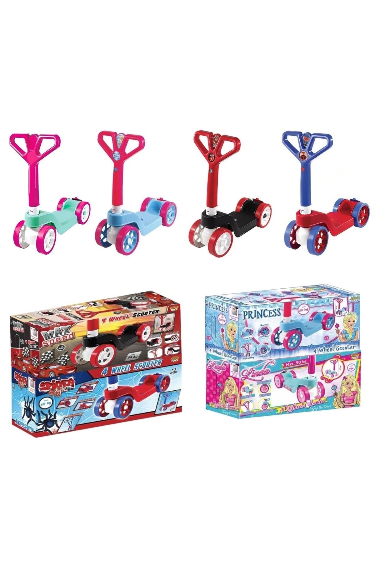 اسکوتر کودکان قرمز دخترانه و پسرانه بچگانه 3 ساله 4 چرخ شکل تاشو ان Furkan Toys