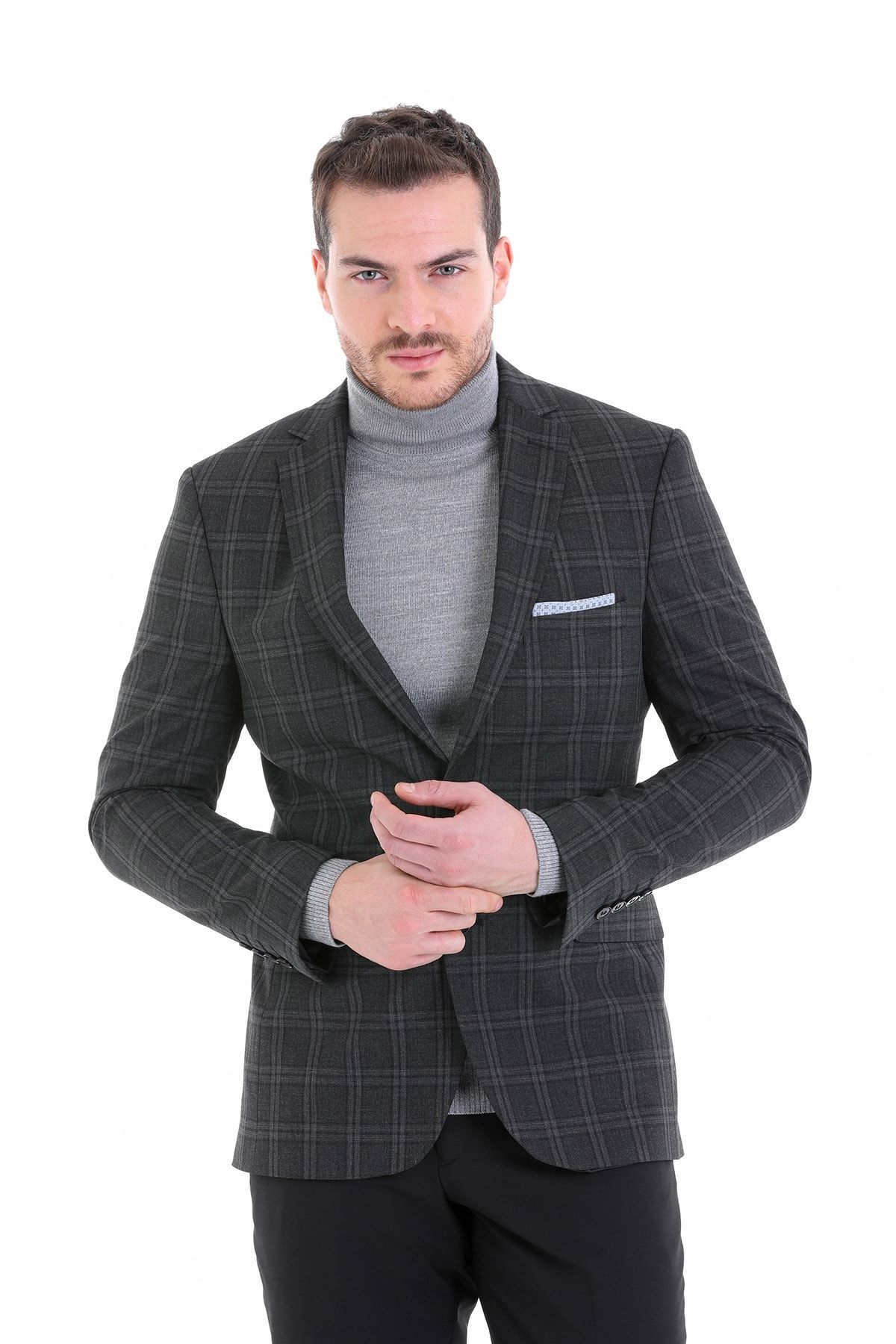 Hatemoğlu Antrasit Slim Fit Kareli Mono Yaka Takım Elbise MB8840
