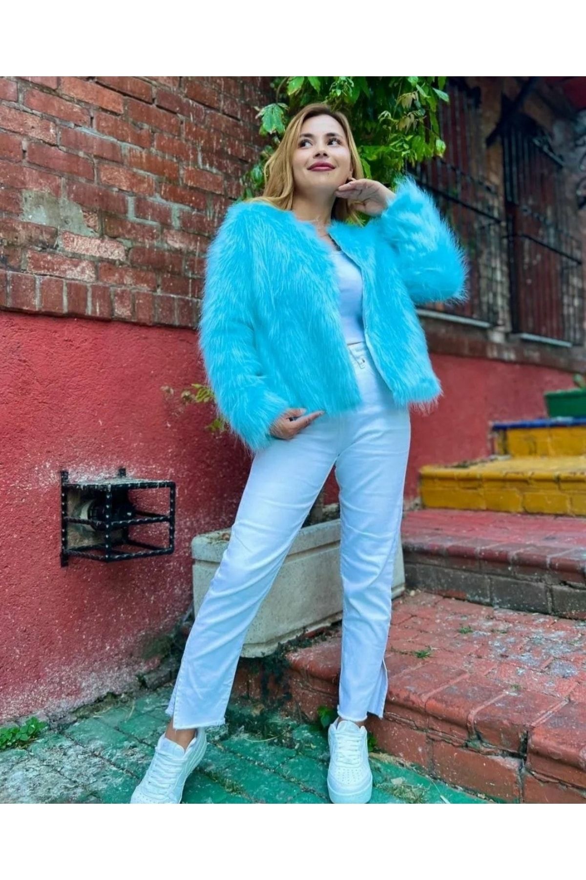 Collarless faux fur jacket online