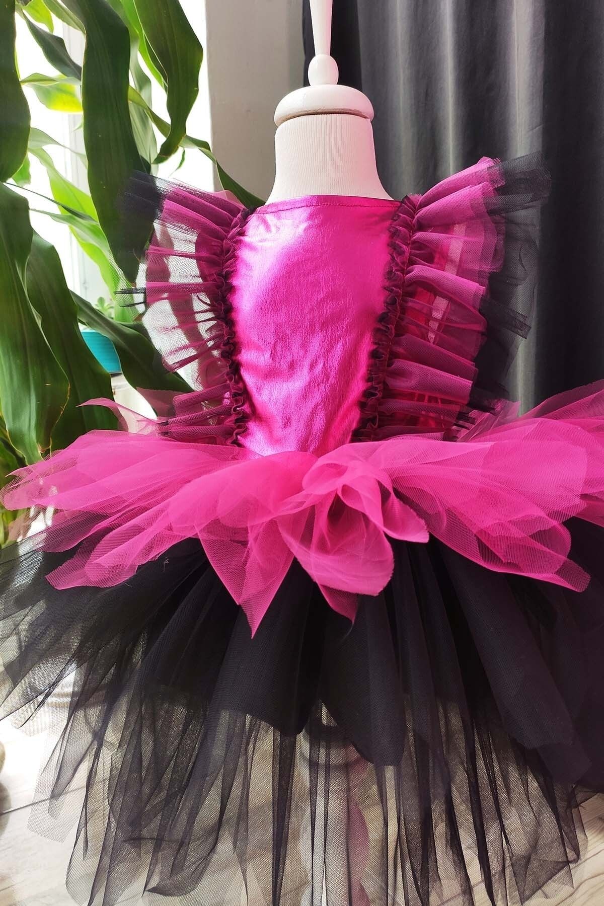 Shecco Babba-Fuchsia Black Layered Girl's Tutu Dress, Birthday Dress, Ball Bandana 5