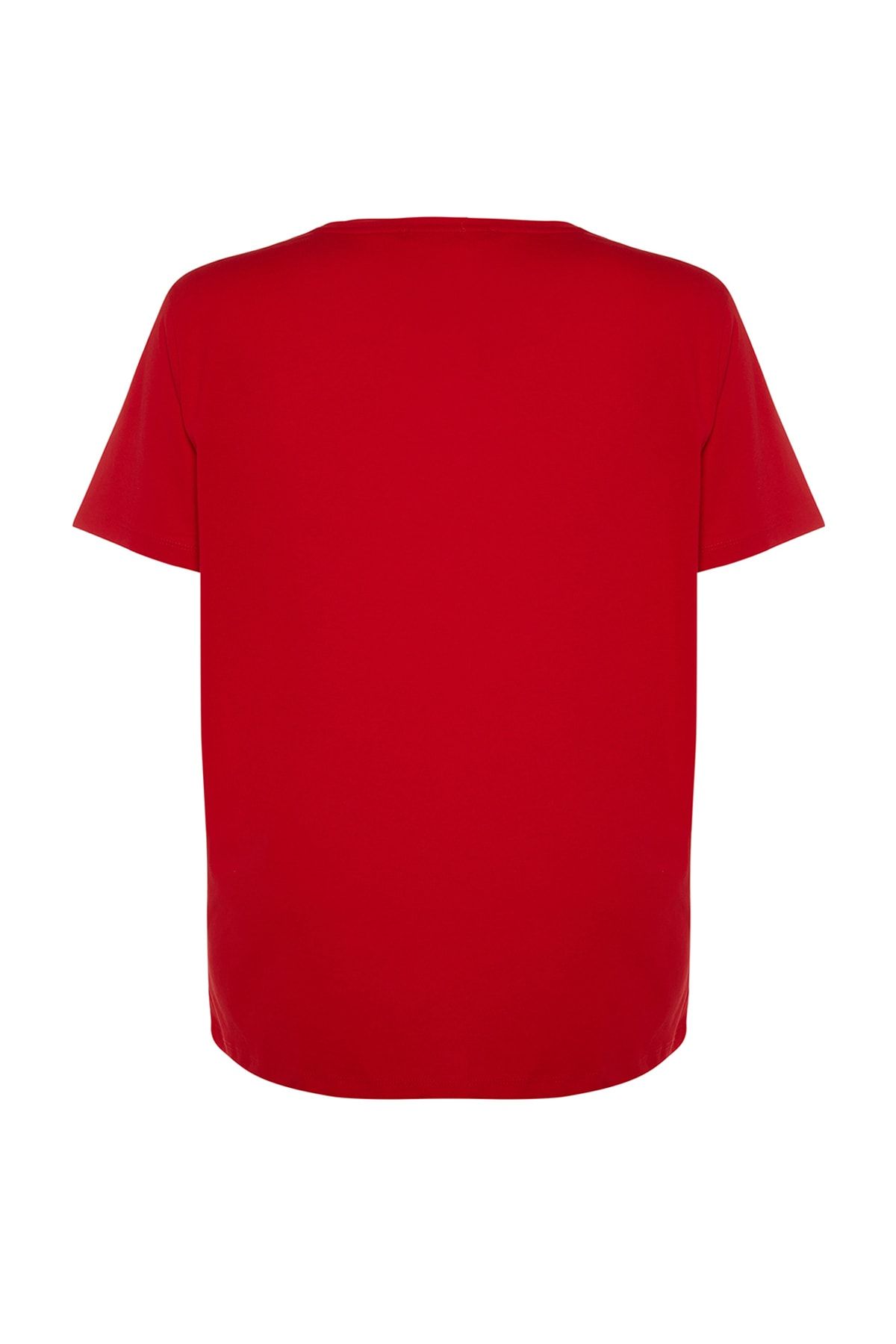 Trendyol Curve-Červené tričko Crew Neck 100% bavlna Plus Size - Slogan Print Tbbss23Bf00022 8