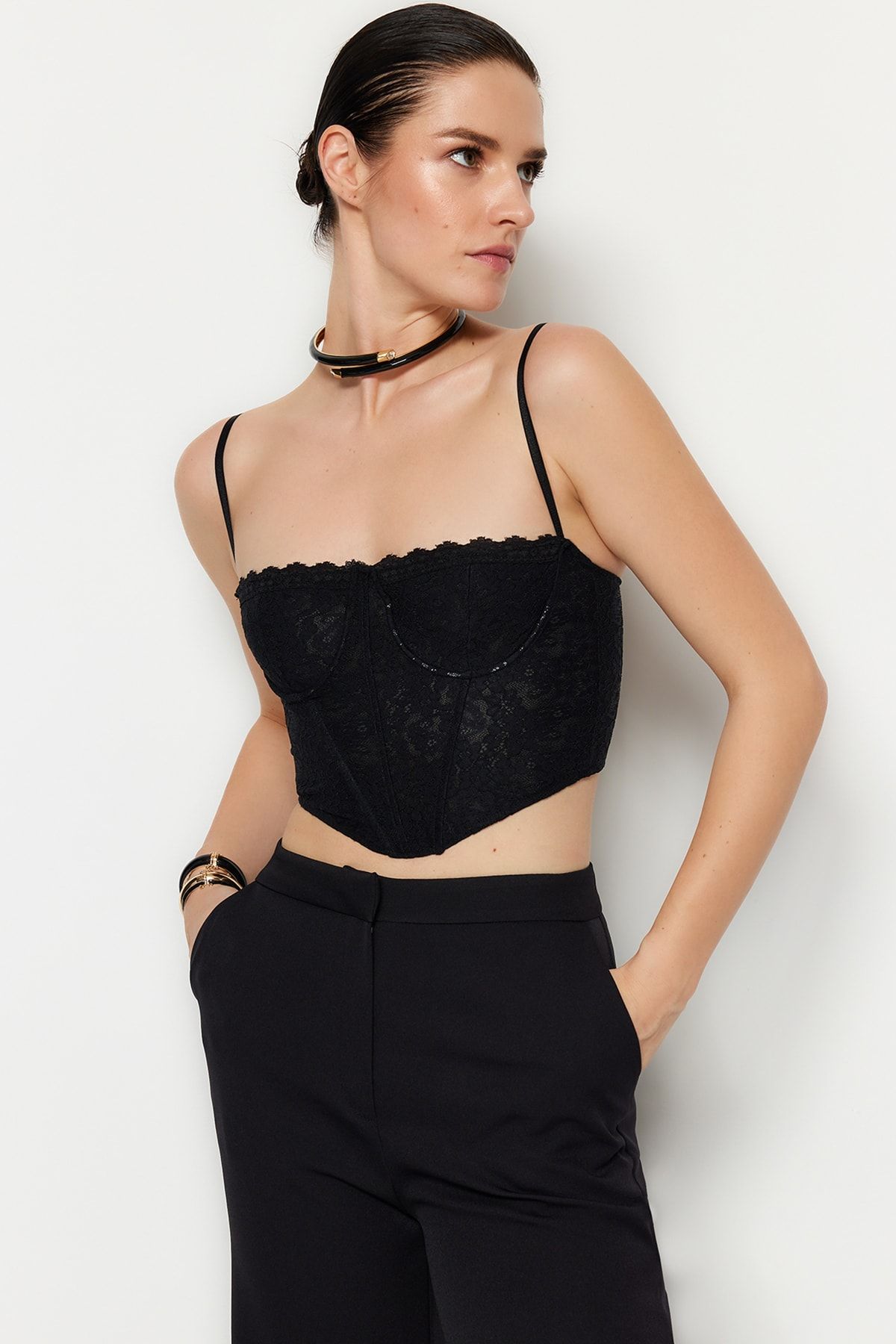 Trendyol plunge corset top in black