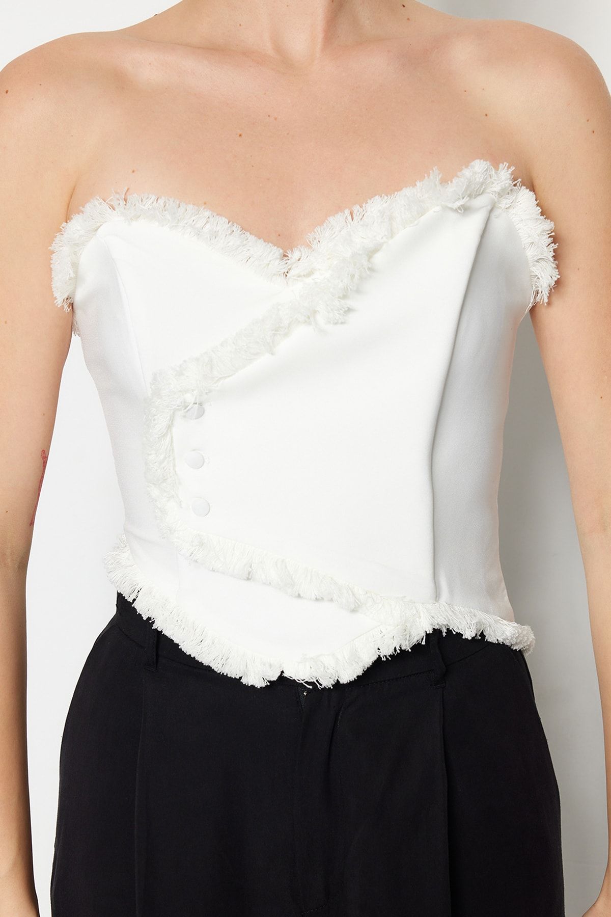 Trendyol Collection-Tasseled Ecru Woven Bustier - Lined and Body Shaper TPRSS22BS0070 4