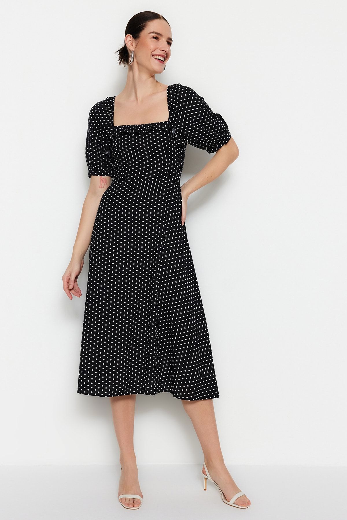 Trendyol Collection-Rochie neagră țesută cu buline, țesută midi, cu linie A, TWOSS21EL0511 6