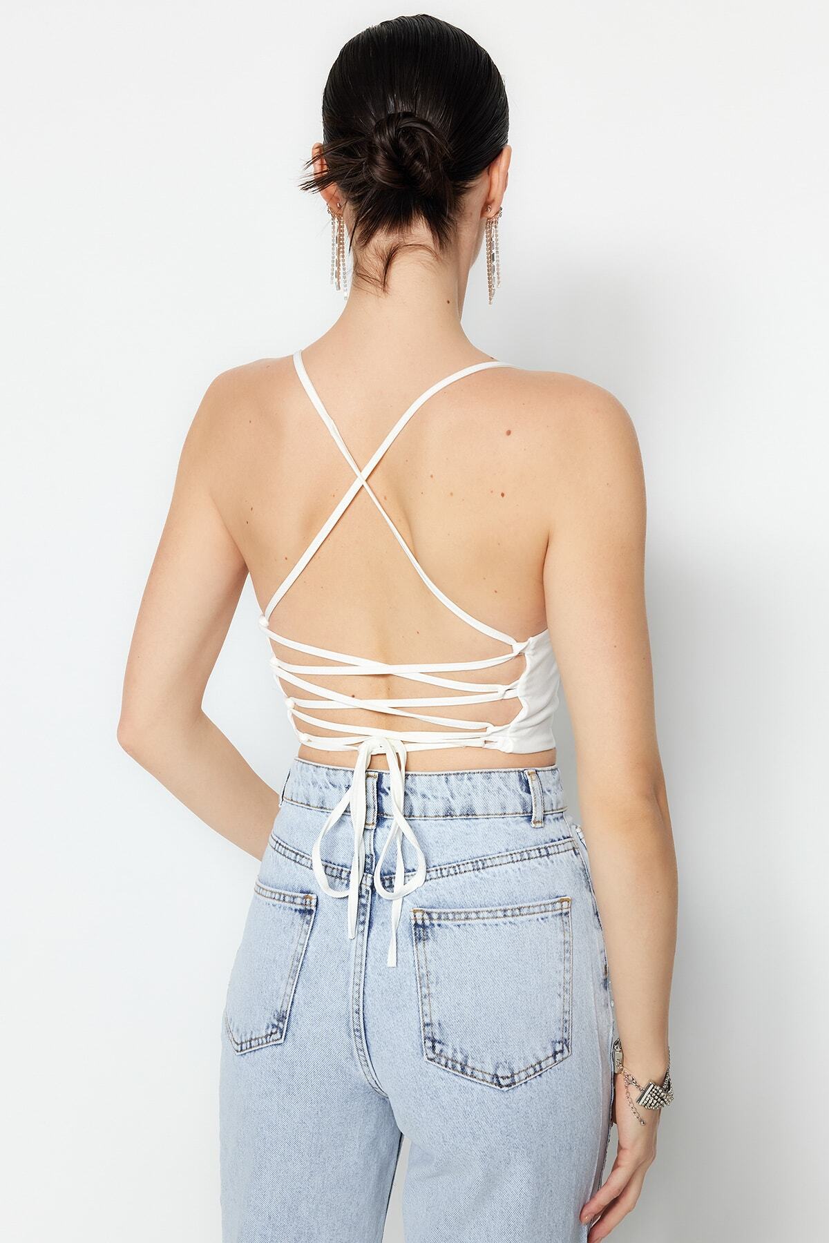 Trendyol Collection-Ecru Crop Bélelt szőtt melltartó TPRSS21BS0009 6