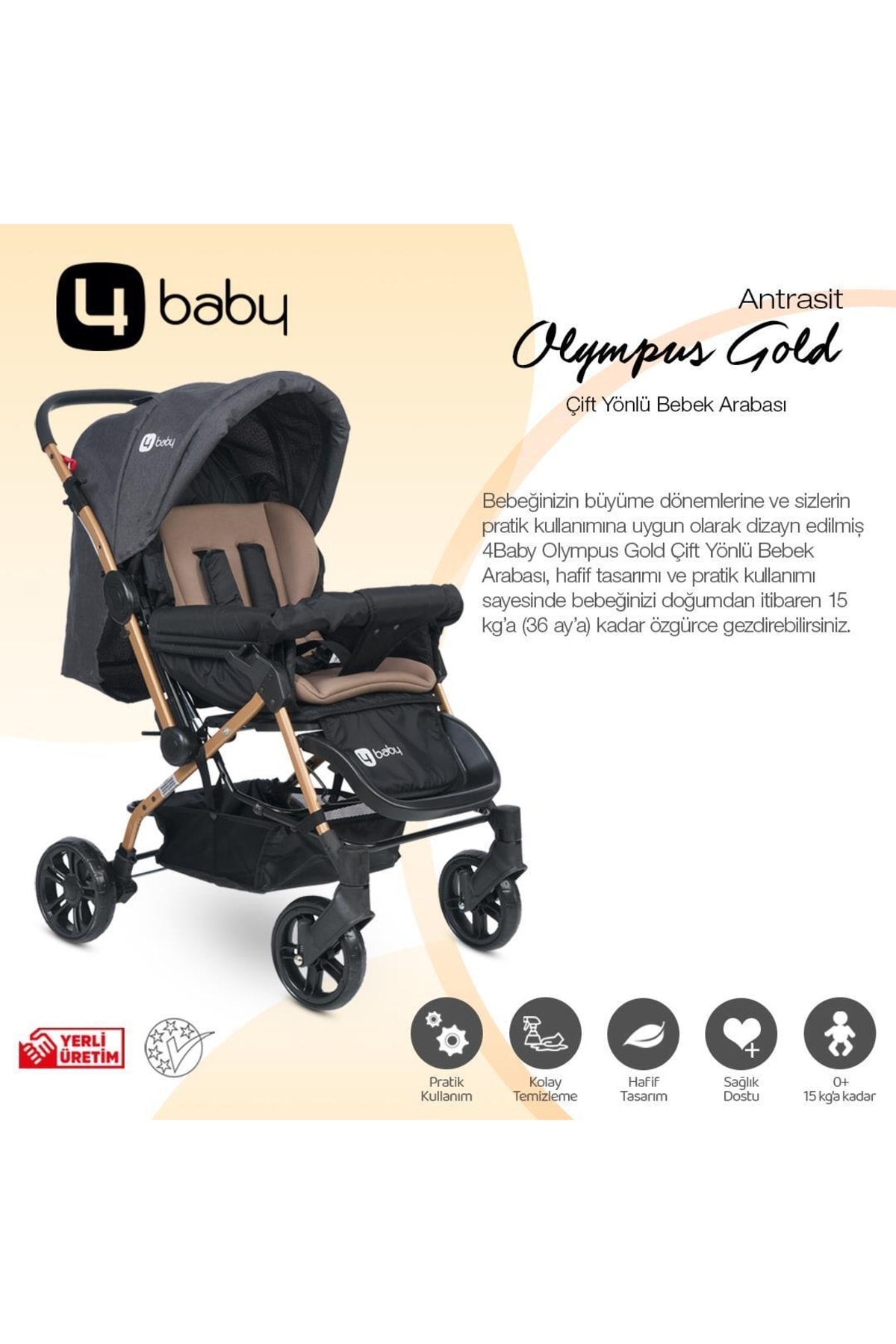 Ab-360 Olympus Gold Çift Yönlü Bebek Arabası Antrasit 3