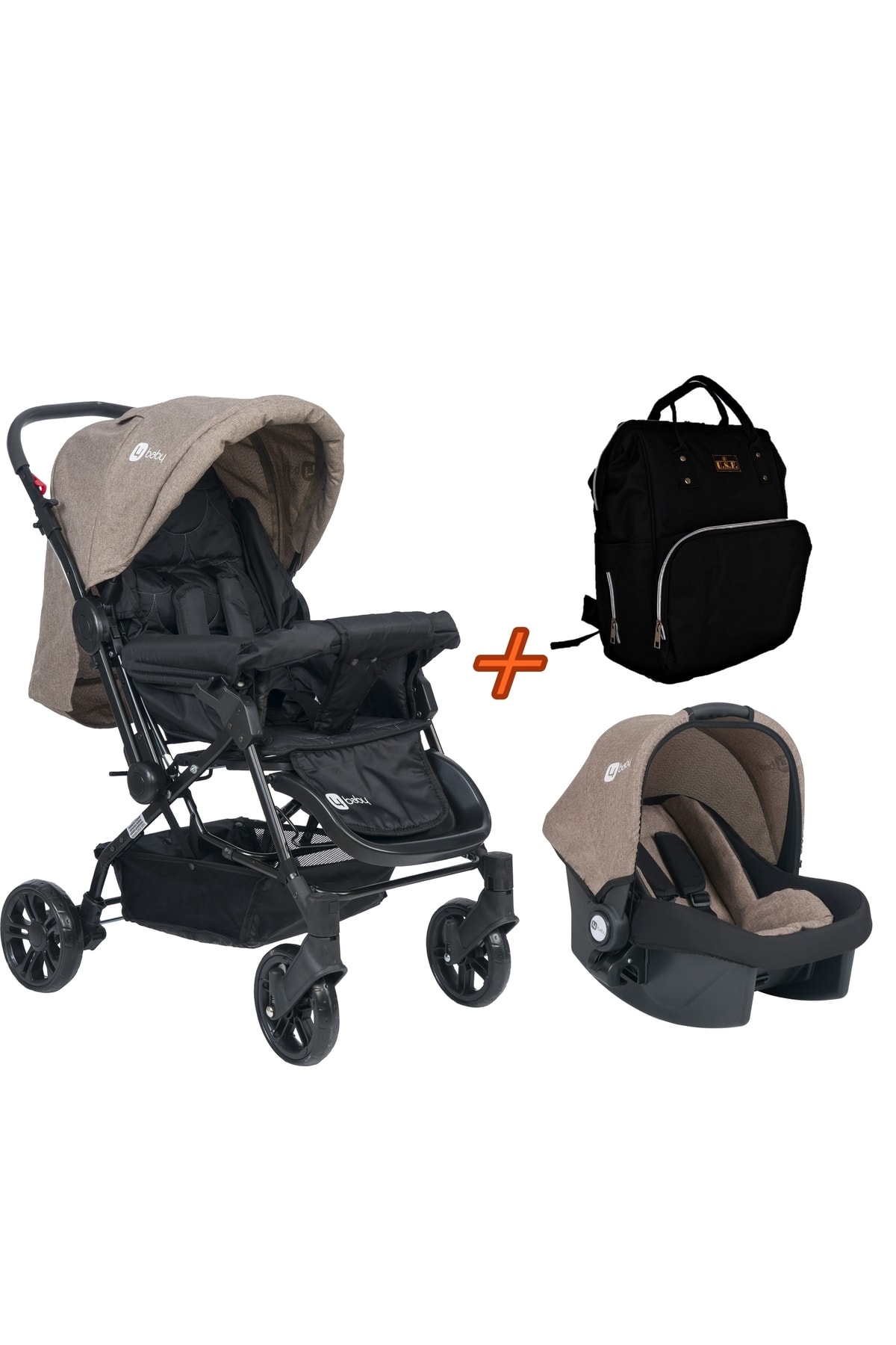USF Travel Sistem Çift Yönlü Bebek Arabası 4 Baby - Bebek Arabası Kahve+Puset+Siyah Çanta