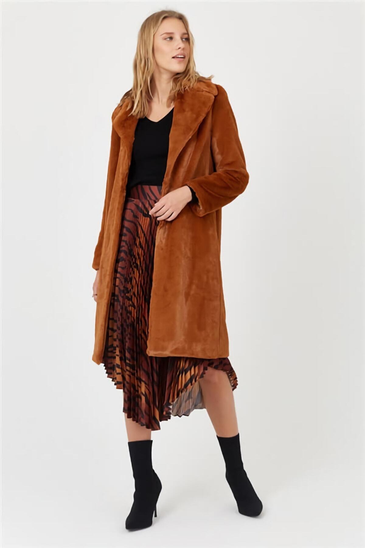 NARKISS  Kadın Taba Rengi Suni Kürk Palto - Görsel 2