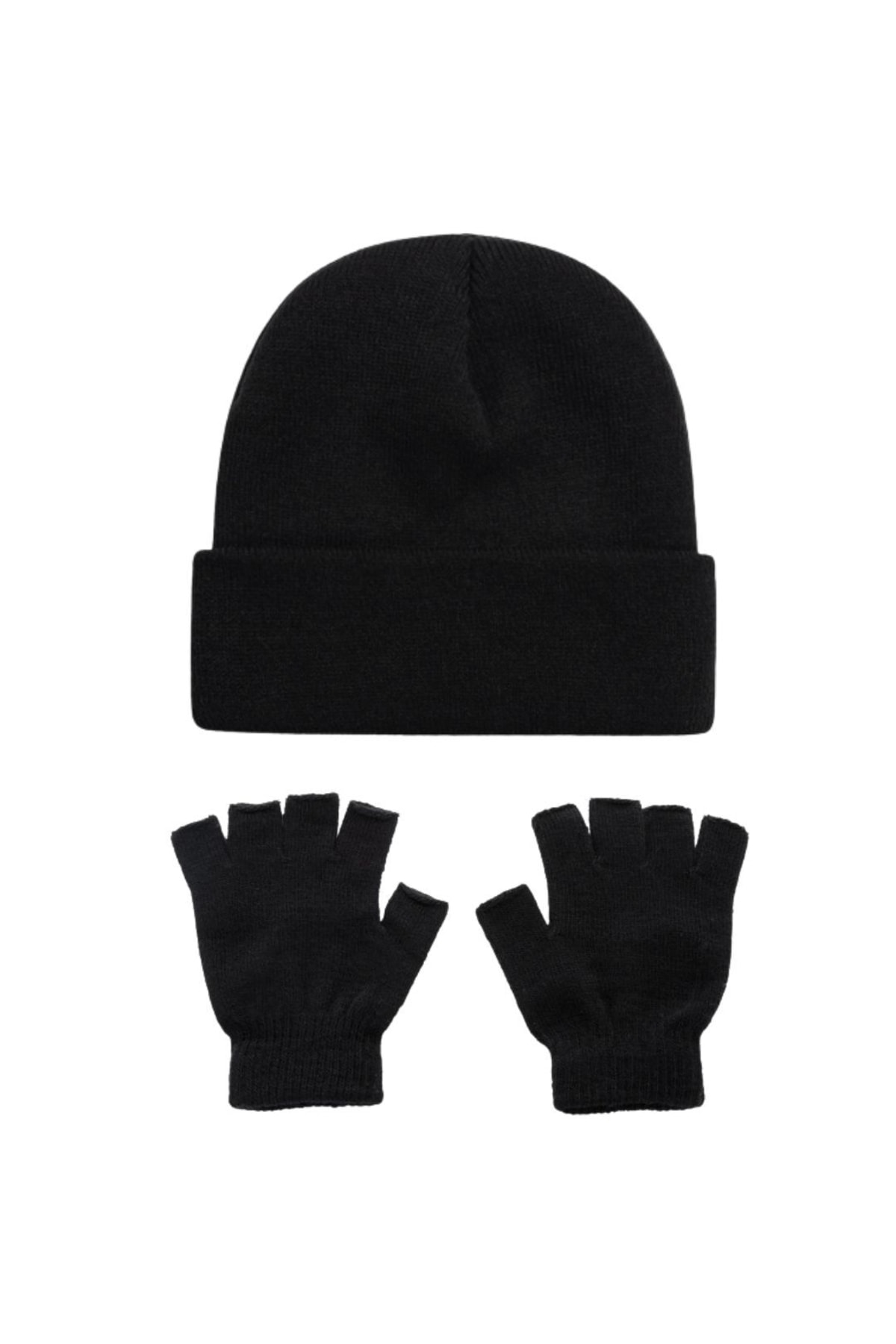 AXE SPORTSWEAR Unisex Siyah Kışlık Triko Bere Ve Parmaksız Kesik Yarım Parmak Eldiven 2'li Set